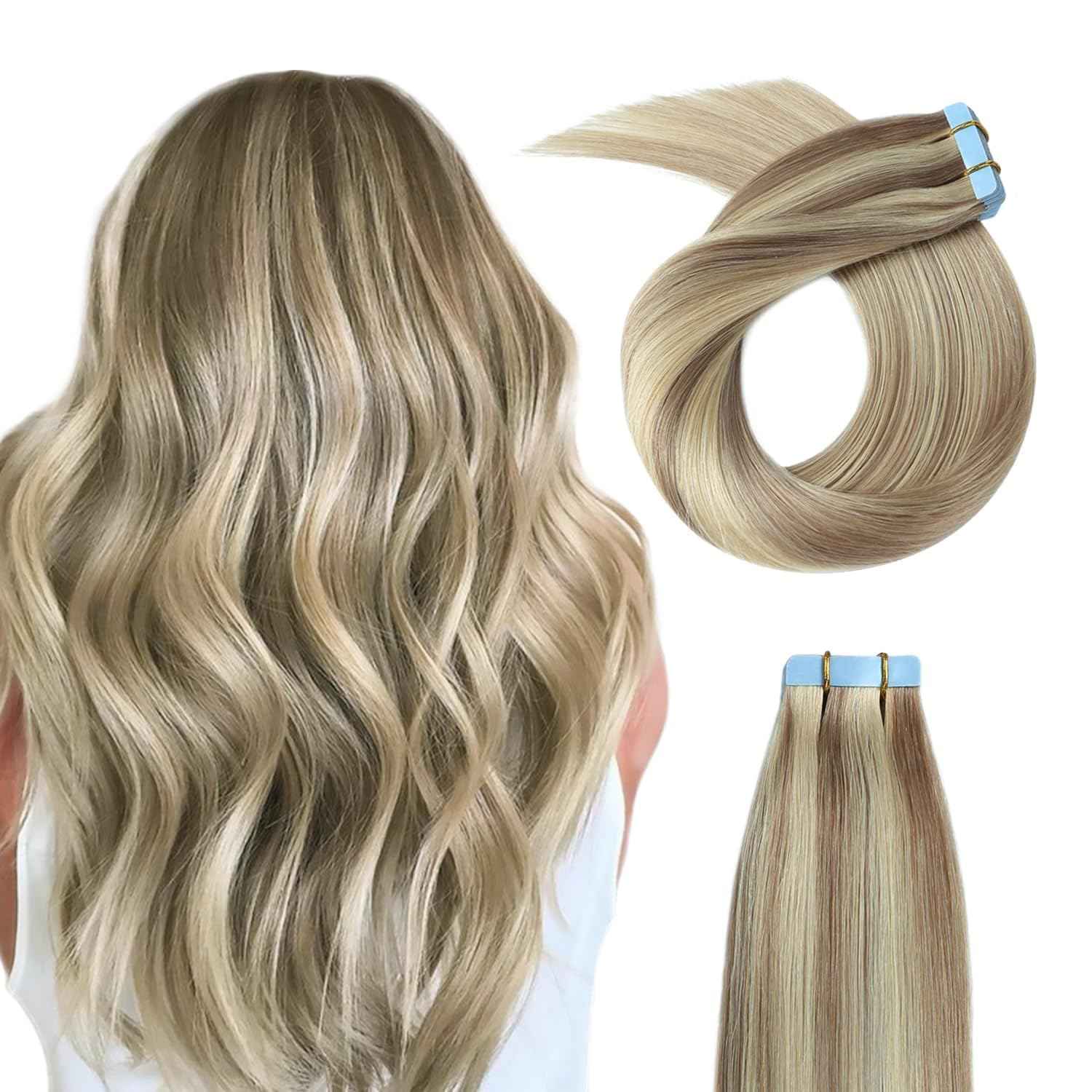 YILITE Tape in Remy Hair Extension Color 18 Ash Blonde Highlighted 613 Bleach Blonde Hair Extensions, #P18/613 Ash Blonde Highlighted Bleach Blonde(12inch P18/613)