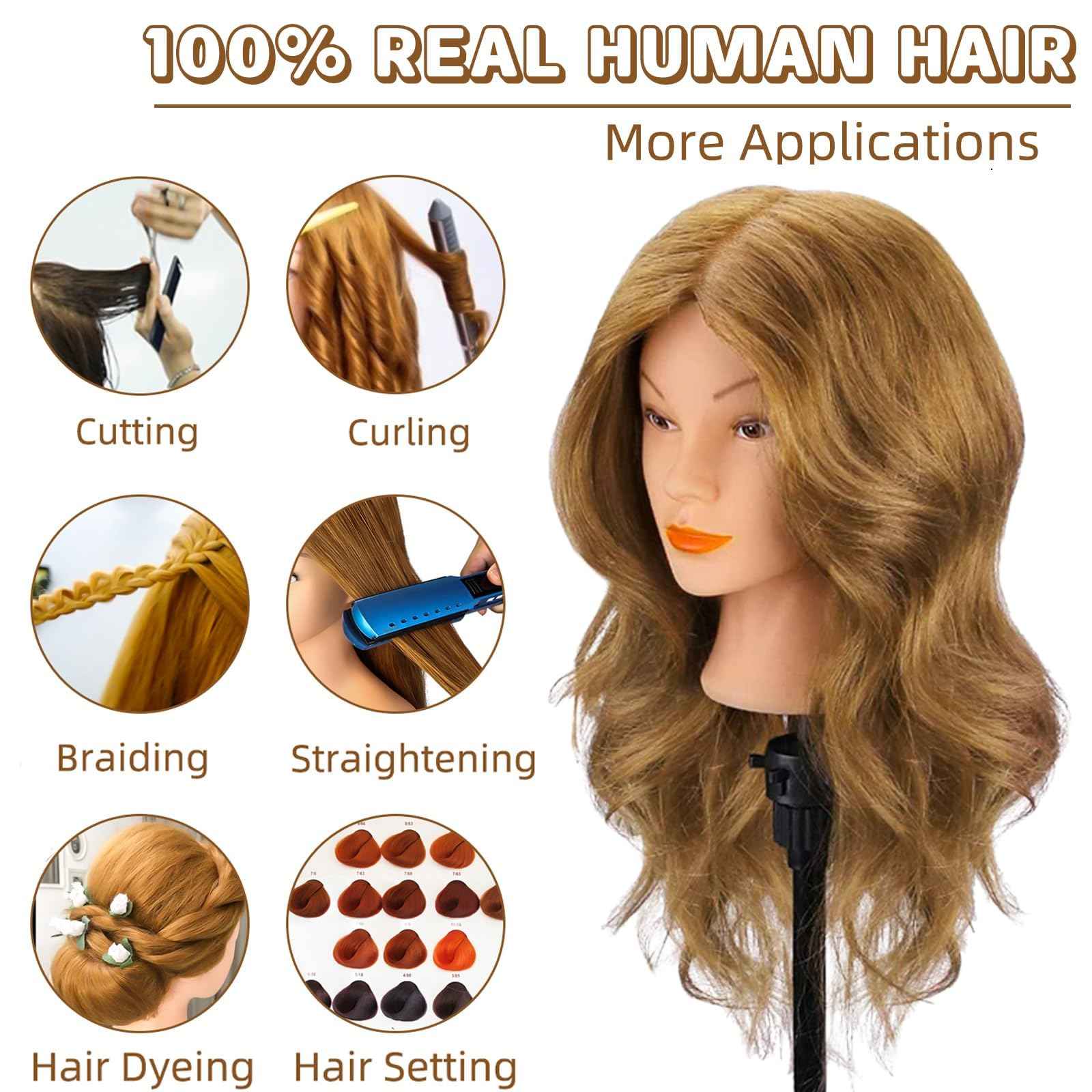 MYSWEETY Mannequin Head with 100% Human Hair, Doll Head for Hair Styling, Manikin Head Cosmetology Makeup Hairdressing Training Head with Clamp Holder and Tools(18" Brown, Makeup)