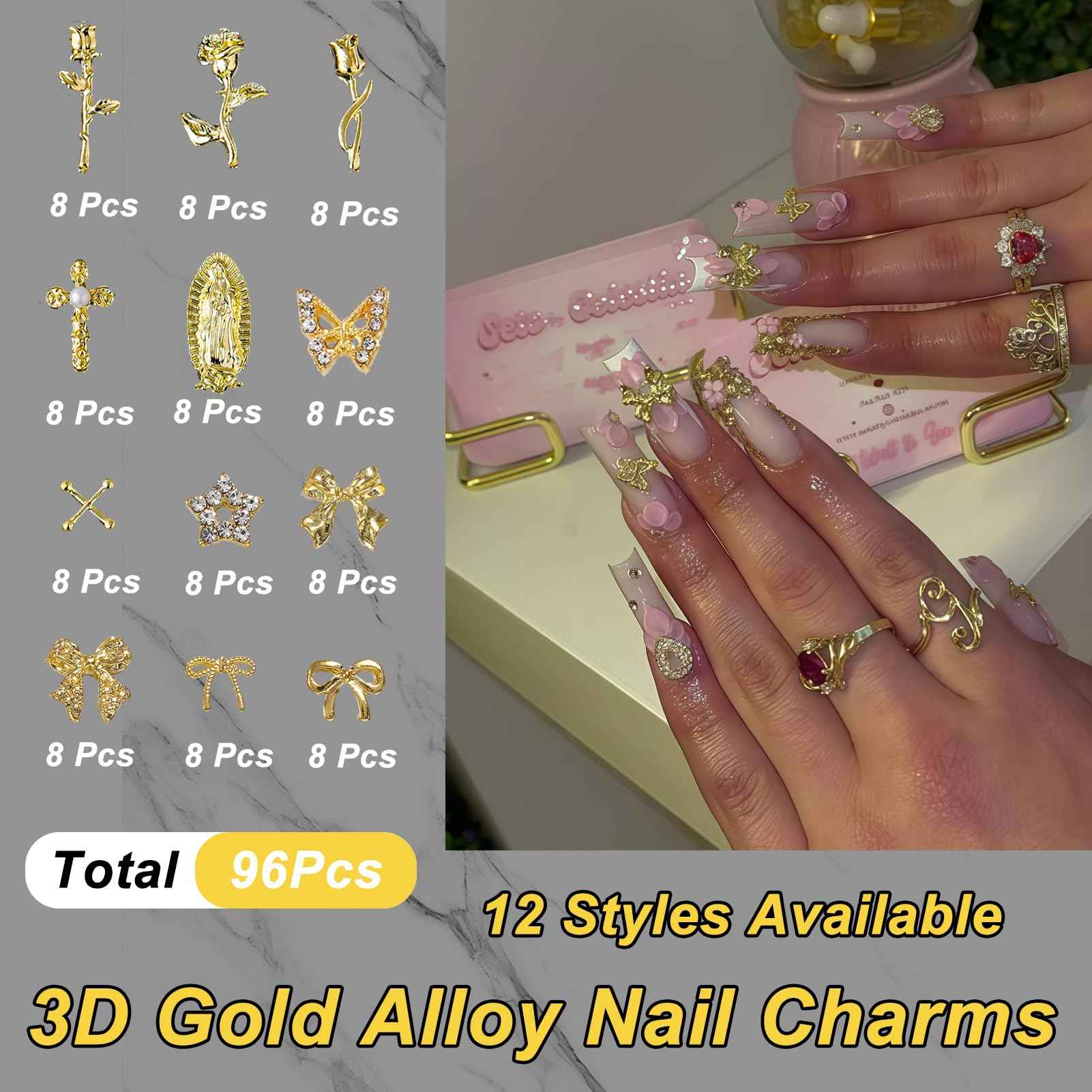ZUMILLMN 96PCS 3D Nail Charms - Gold Alloy Bow, Rose,Butterfly,Cross,Star,Virgin Mary & Coin Charms, Shiny Nail Rhinestones for Nail Art, Manicure, DIY Jewelry Making（96pcs）