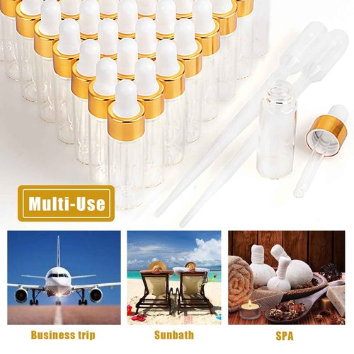 Easeen Sample Dropper Bottles, Mini Dropper Bottles with 2 Pcs Plastic Droppers for Traveling Essential Oils DIY Cosmetic Liquid Sample Perfume (Gold, 5ML)