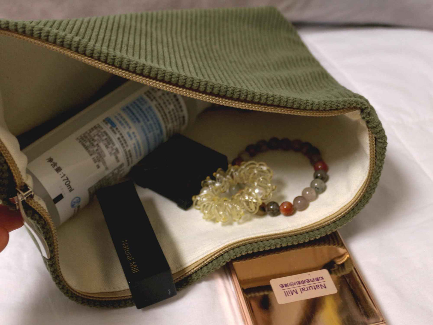 HAPPYHEIDI Navy Green Corduroy Makeup Bag Cosmetic Toiletry Travel Pouch, Make Up Accessory Purse Organizer, Canvas Lined