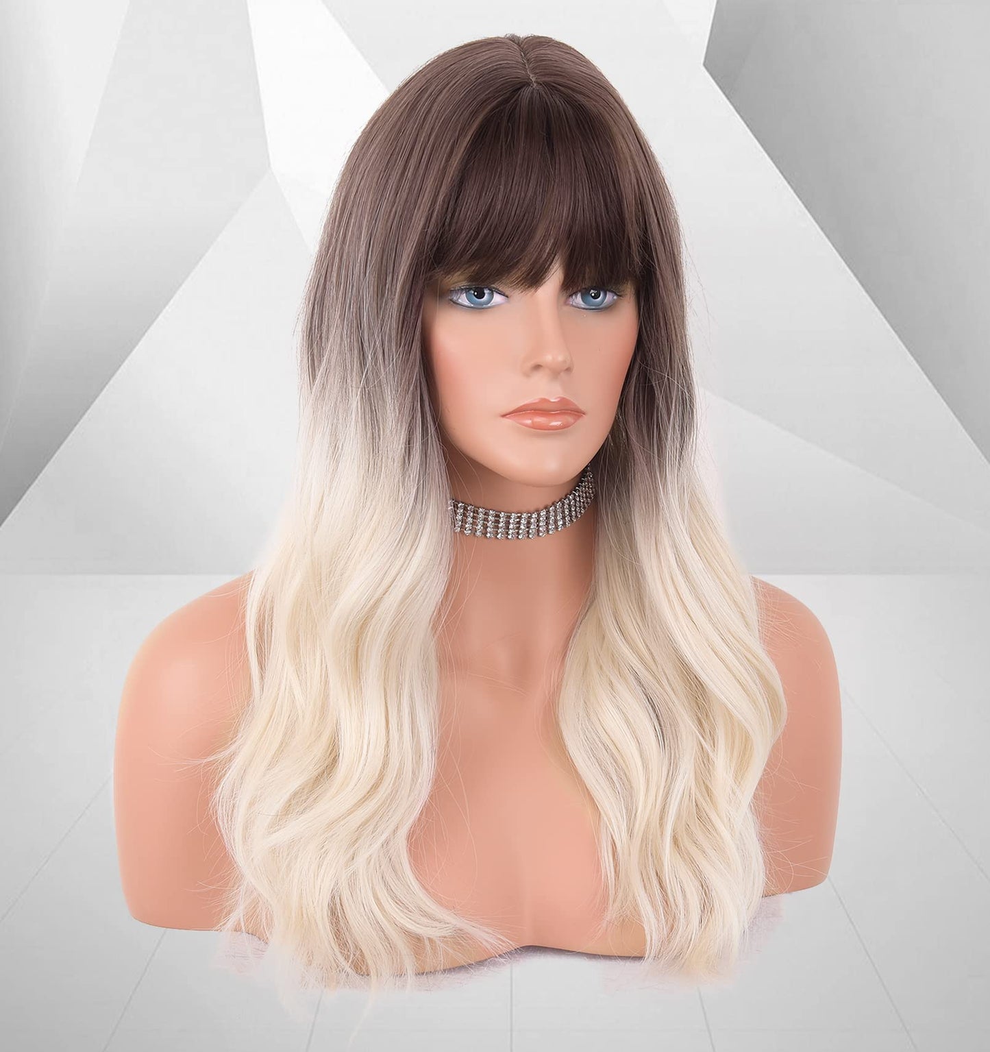 LANOVA Dark Brown Ombre White Blonde Wigs with Bangs Natural Wavy Hair 613 Wigs Synthetic Glueless Wigs for Women 20 inch LANOVA-136