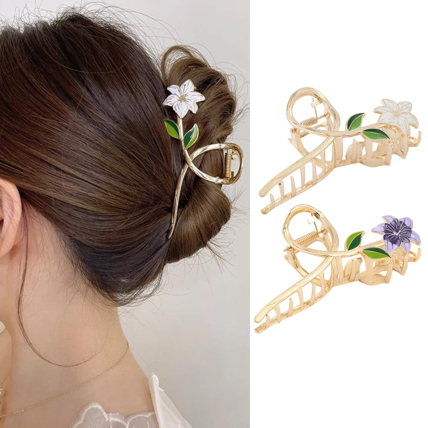 Claw Clips for Women: Large French Flower Hair Accessories - 2Pcs Metal Gold Floral Banana Clips for Thick Hair, Summer Hair Decorations in White & Purple