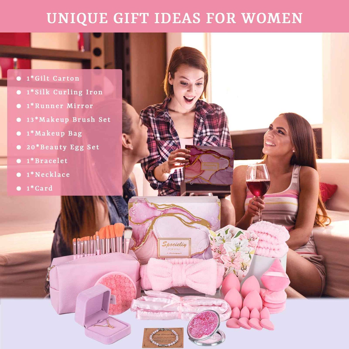 40PCS Trendy Stuff Gifts Set for Teen Girls -Makeup Brushes Set + Blending Sponges + Silk Heatless Curling Set + Jewelry Set & Skincare Headbands | Birthday Gift for Daughter, Niece, Her (Pink)