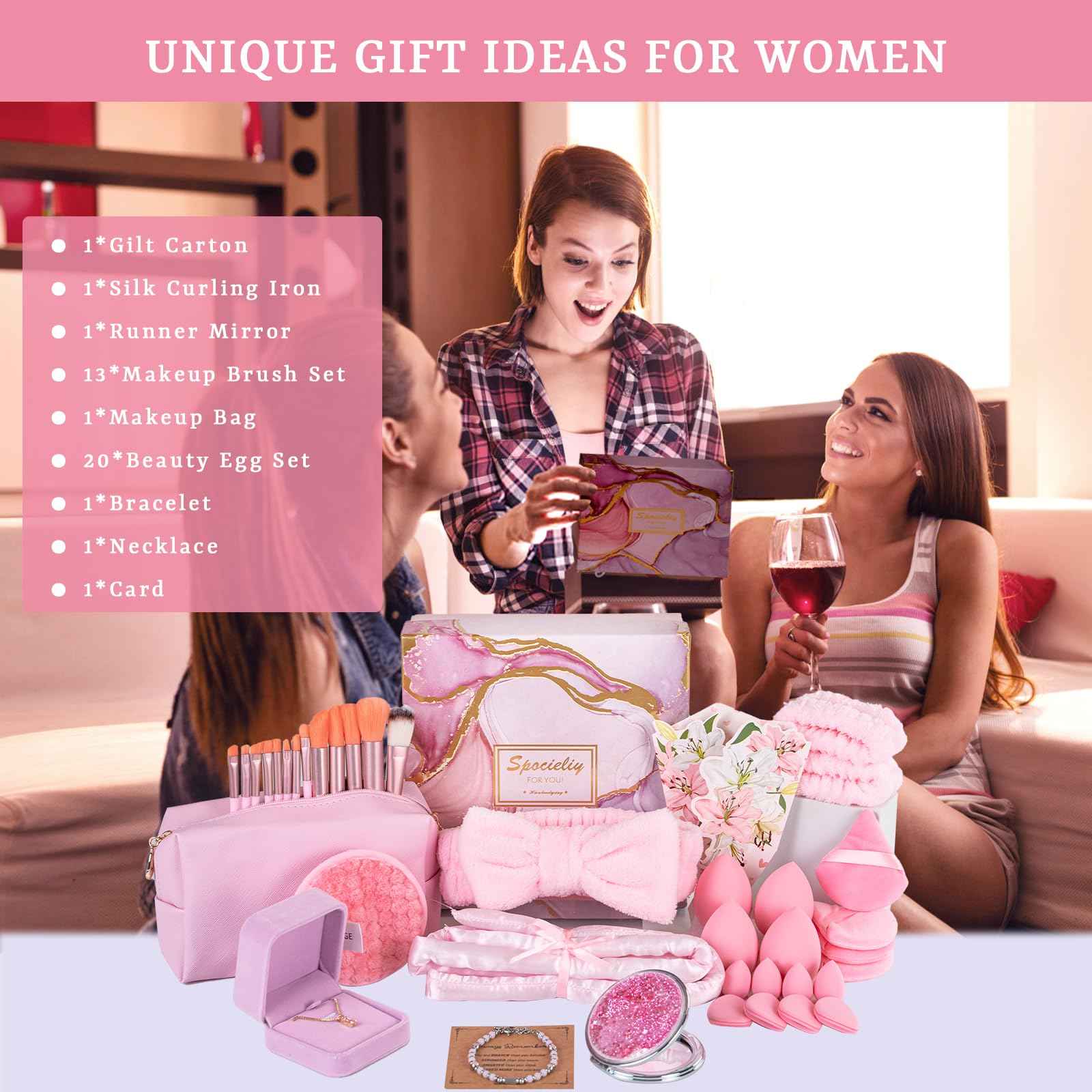 40PCS Trendy Stuff Gifts Set for Teen Girls -Makeup Brushes Set + Blending Sponges + Silk Heatless Curling Set + Jewelry Set & Skincare Headbands | Birthday Gift for Daughter, Niece, Her (Pink)