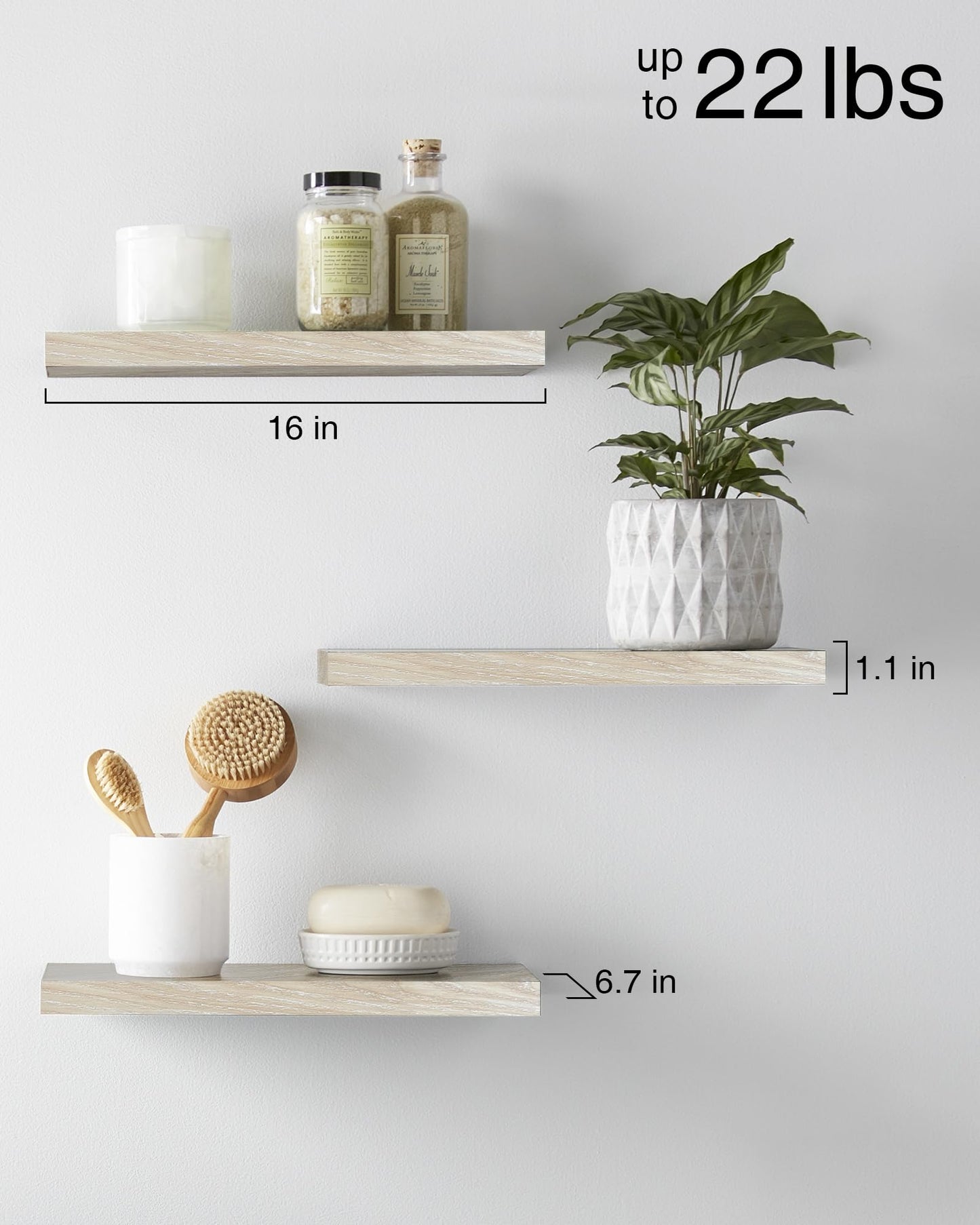 BAYKA Rustic Wood Floating Shelves, Wall Mounted, Set of 3, 16 Inch, 22 lbs Capacity - for Bathroom, Bedroom, Living Room, Kitchen Storage and Decor