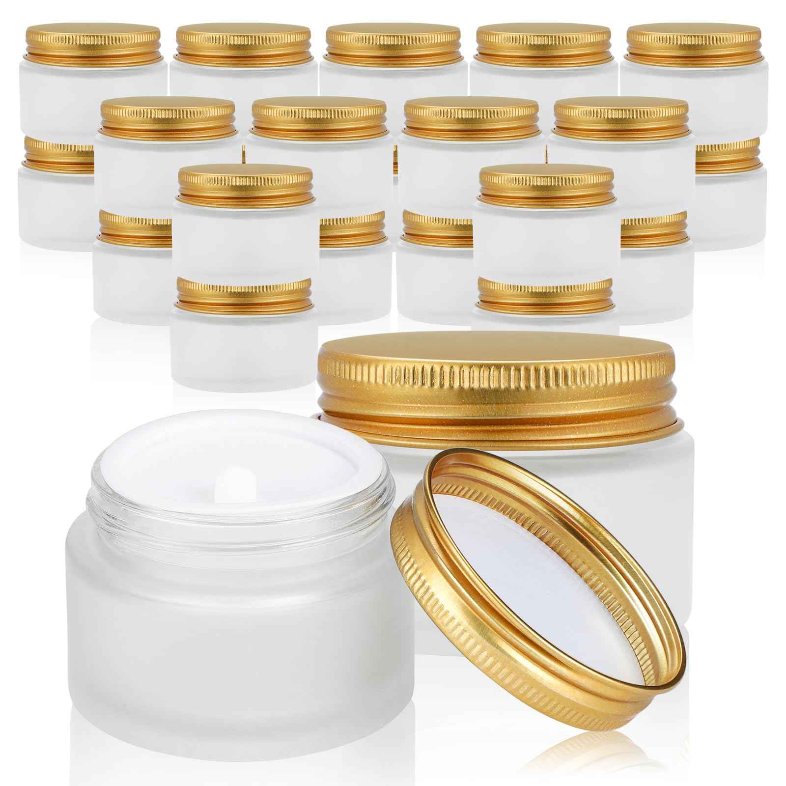 RAMFIYN 24 pack Small Clear Frosted Glass Cosmetic jars with Golden Metal Lids 2oz Bulk for Sample Lotion Cream Travel Jar Cosmetic Container