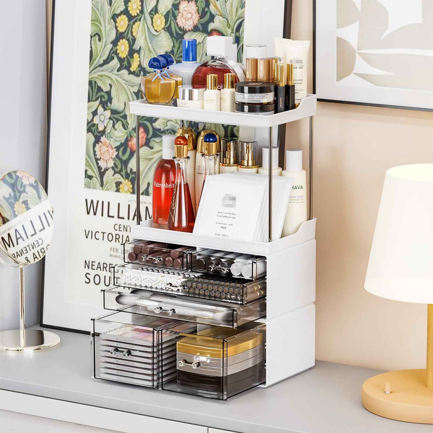 Yieach Bathroom Counter Organizers and Storage,White Acrylic Makeup Organizers with Drawers for Vanity,Bedroom,Plastic Skincare Organizer for Dresser Top Beauty,Cosmetic,Lotion and Perfume Organizer