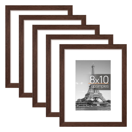 upsimples 8x10 Picture Frame Set of 5, Display Pictures 5x7 with Mat or 8x10 without Mat, Wall Gallery Photo Frames, Brown