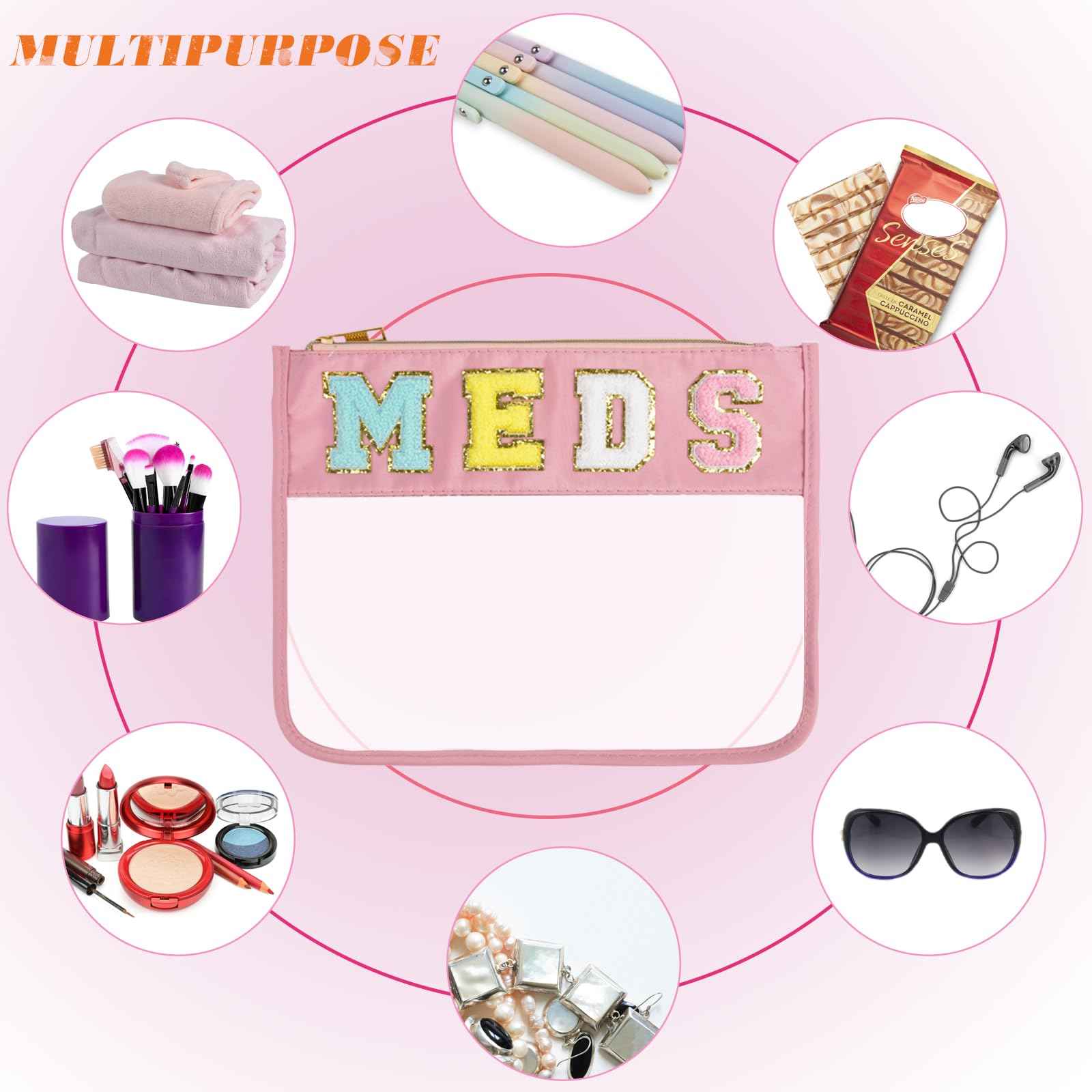 Chenille Snack Bags Letter Clear Snacks Pouch, Preppy Medicine Bag for Travel, Waterproof MEDS Makeup Cosmetic Bag Monogram Nylon and PVC Flat Stadium Purse with Zipper for Women/Girl (Pink MEDS)