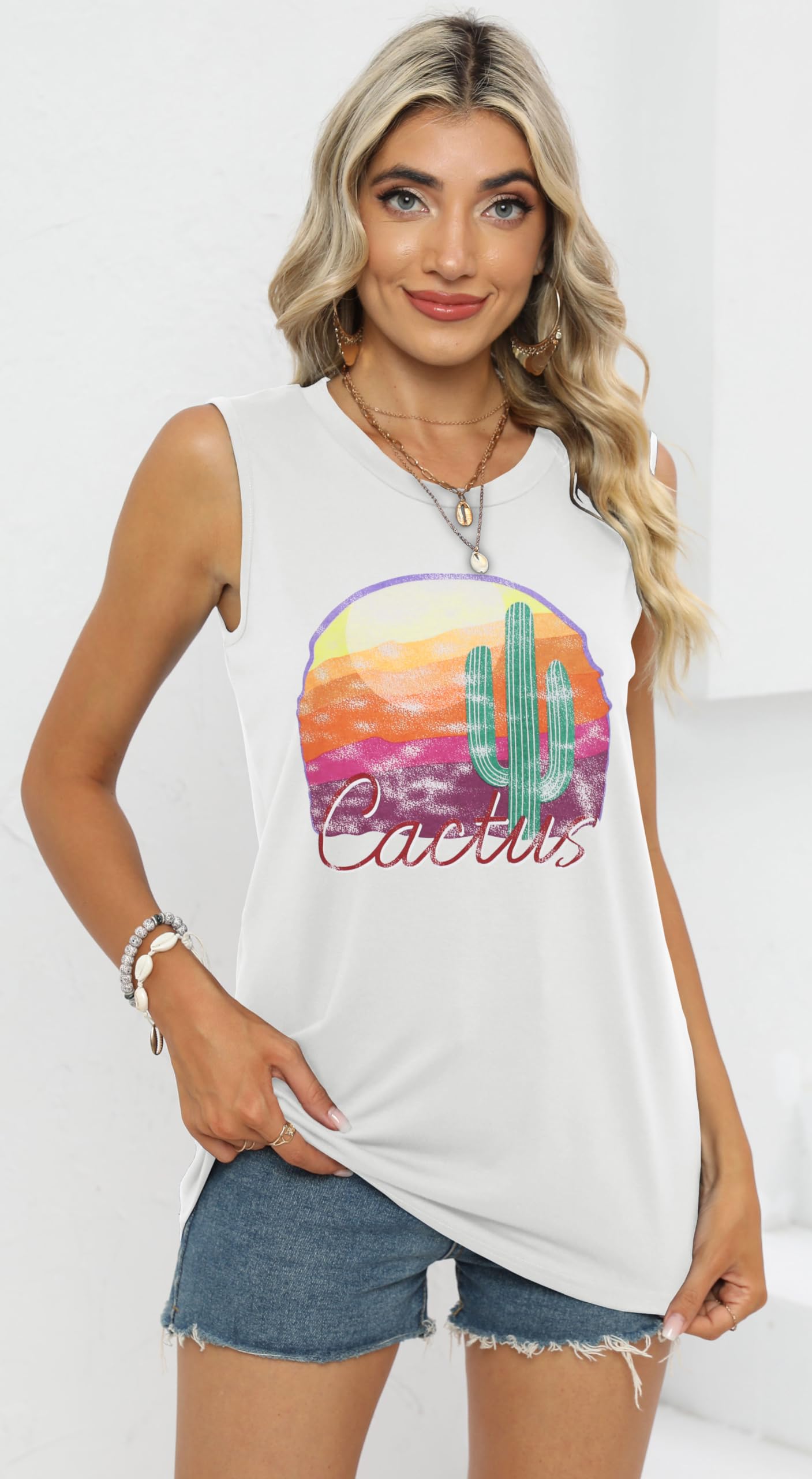 Summer Tops for Women Sleeveless Crew Neck Basic Casual Loose Top (Sunset Cactus, S)