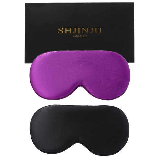 2-Pack 100% Real Natural Silk Eye Mask, Silk Sleeping Mask, Shade Puffy Eye Gift with Adjustable Straps, Sleep Eye Mask, SHJINJU Eye Mask Shade (Black and Purple)