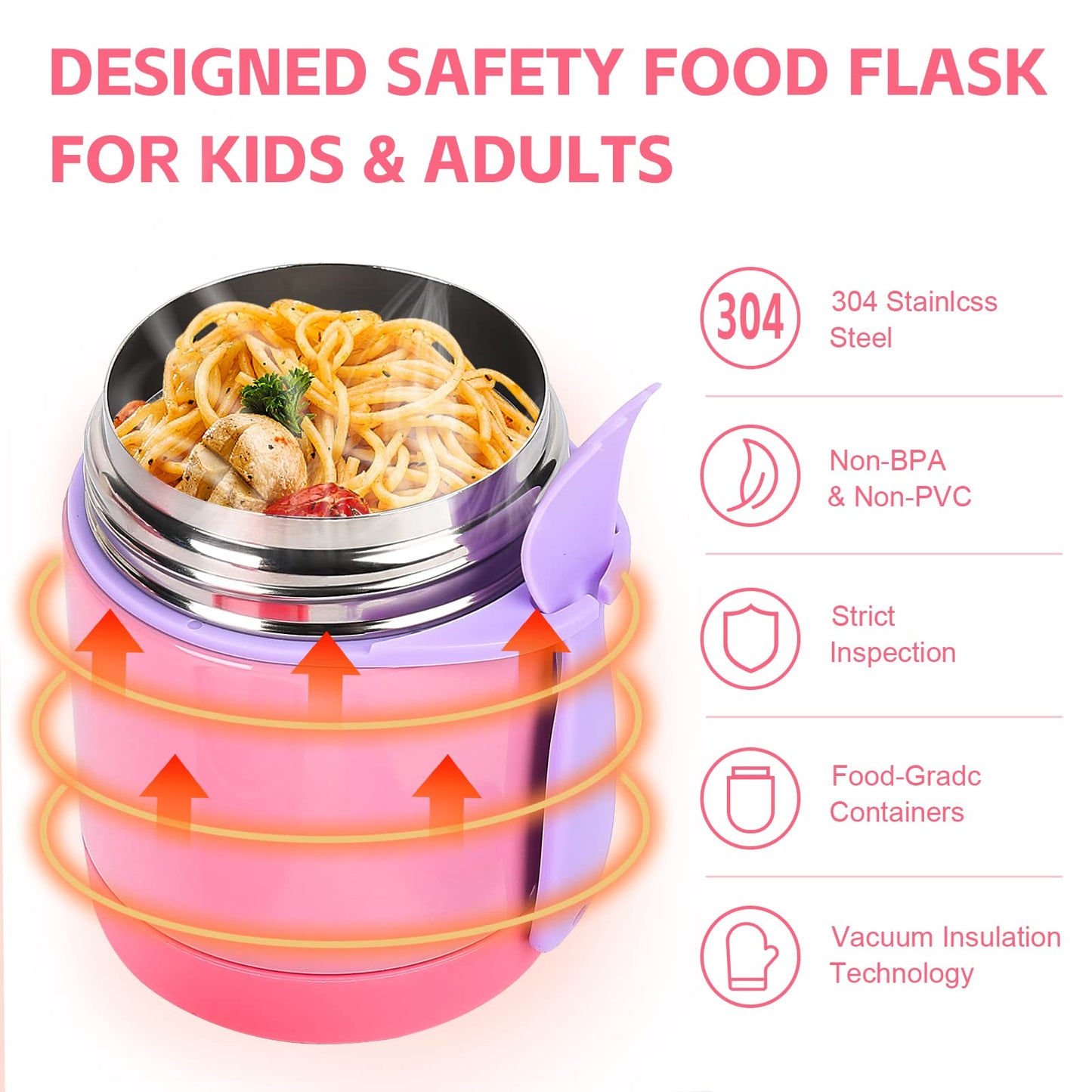 Pawtong 10oz Insulated Food Jar, Thermo for Hot Food Lunch Container, Stainless Steel Lunch Box for Kids with Spoon (Pink)