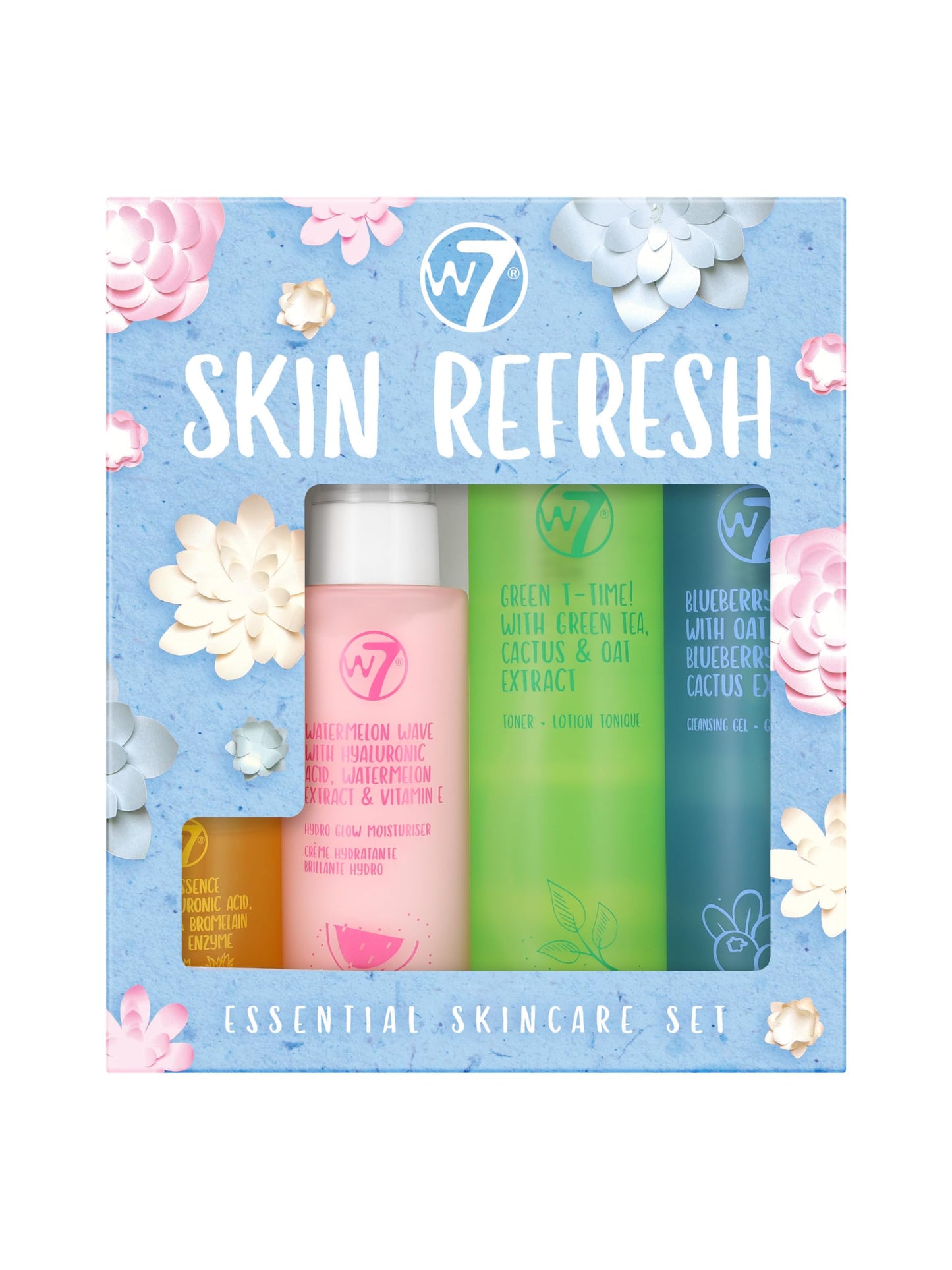 W7 Skin Refresh Essential Full Size Skin Care Set - 4 Step Daily Routine - Moisturizer, Cleansing Gel, Toner and Serum for Natural Beautiful Skin