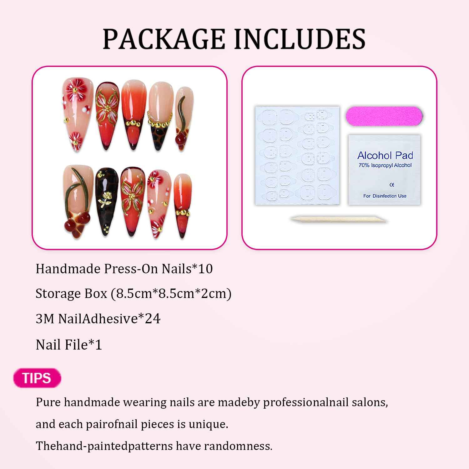 Handmade Press on Nails Medium Almond Fake Nail Unique 3D Floral & Cherry Designs Gold Rose Red Gradient Reusable Flower Stick on Nail Thicked French Tip Acrylic False Nails for Women (M)