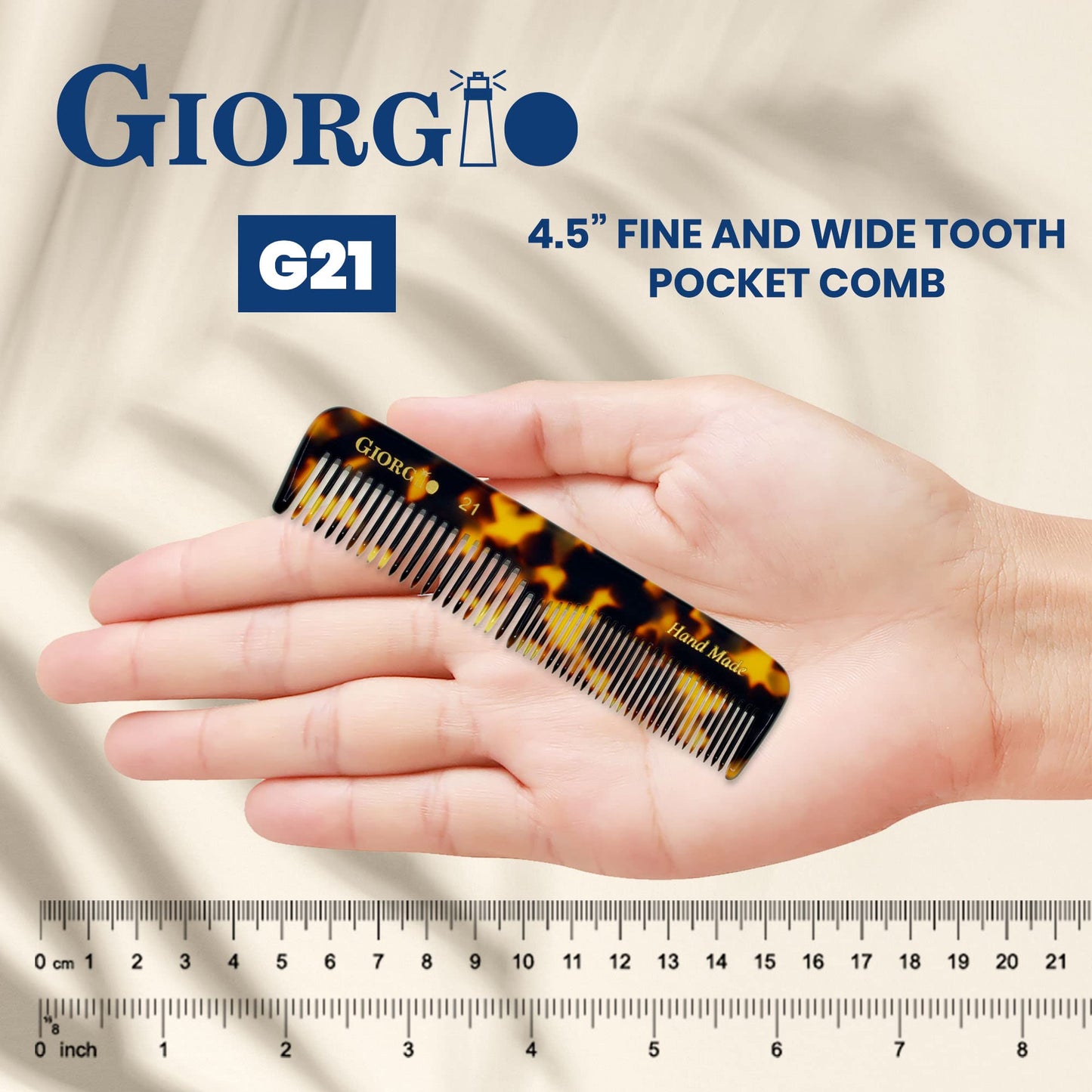 Giorgio G21 Fine and Wide Tooth Pocket Comb - Handmade Styling and Grooming Comb for Hair, Beard, Mustache for Men and Women - Saw Cut, Polished Travel Comb