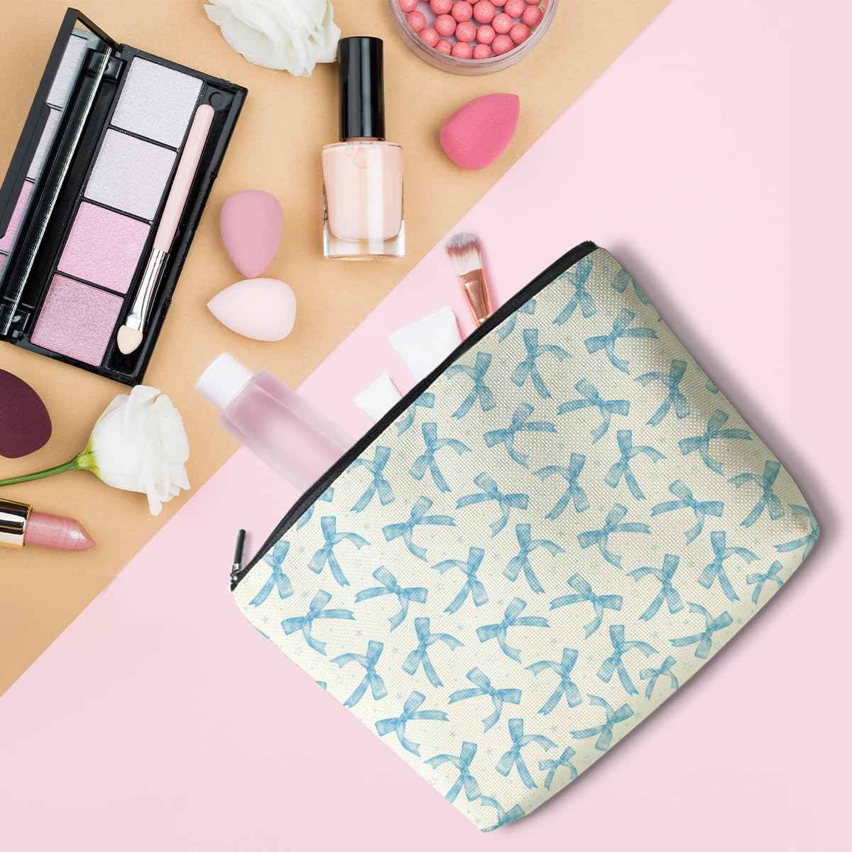 LONGXIN Coquette Makeup Bag Trendy Teen Girls Gifts Blue Bow Pouch Bag Gift for Women Aesthetic Cosmetic Bag Preppy Stuff Trendy Preppy Makeup Bag Funky Zipper Travel Toiletry Bag