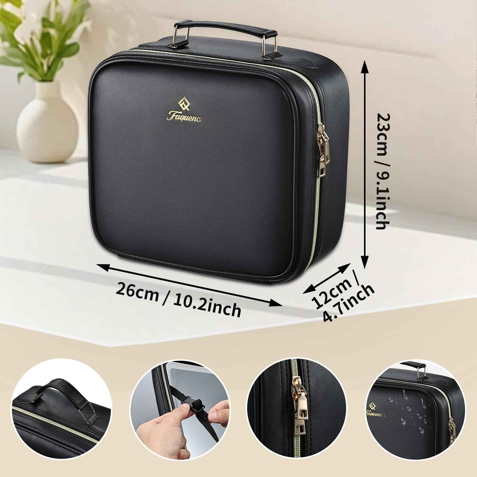 Faquenc Travel Makeup Bag with LED Mirror 3 Color Modes,10.2-in Black Vegan Leather Makeup Organizer Bag with Adjustable EVA Dividers and Independent Brush Panel