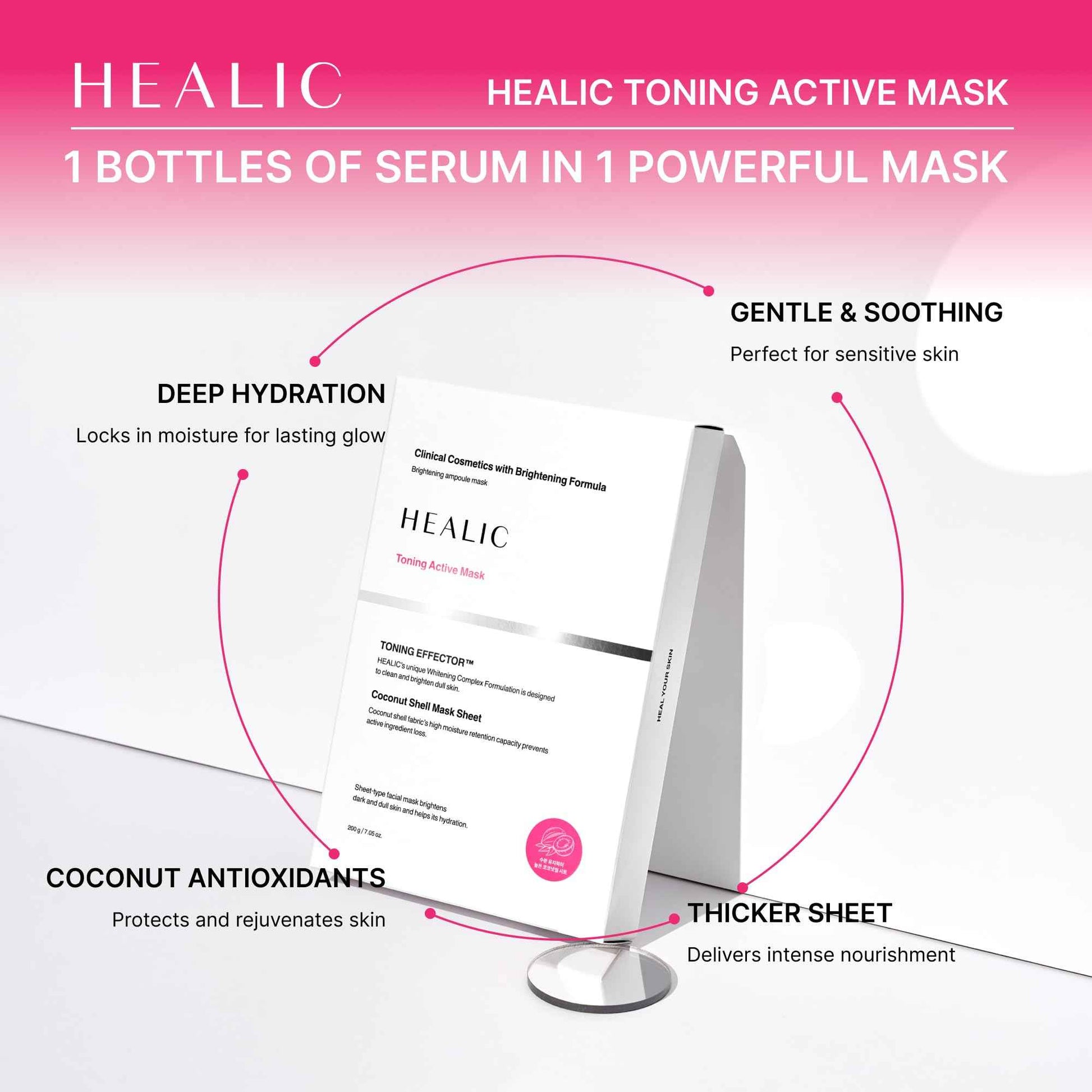 HEALIC Toning Active Mask – Brightening, Hydrating&Soothing Face Mask with Tranexamic Acid & Hyaluronic Acid, Sheet Mask with Coconut Fiber, Gentle for Sensitive Skin, Korean Skin Care, Vegan, 5EA