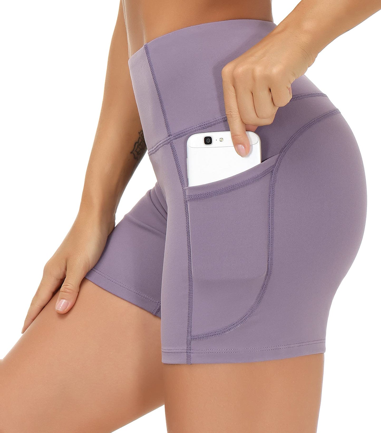 THE GYM PEOPLE High Waist Yoga Shorts for Women Tummy Control Fitness Athletic Workout Running Shorts with Deep Pockets (Small, Crystal Purple)