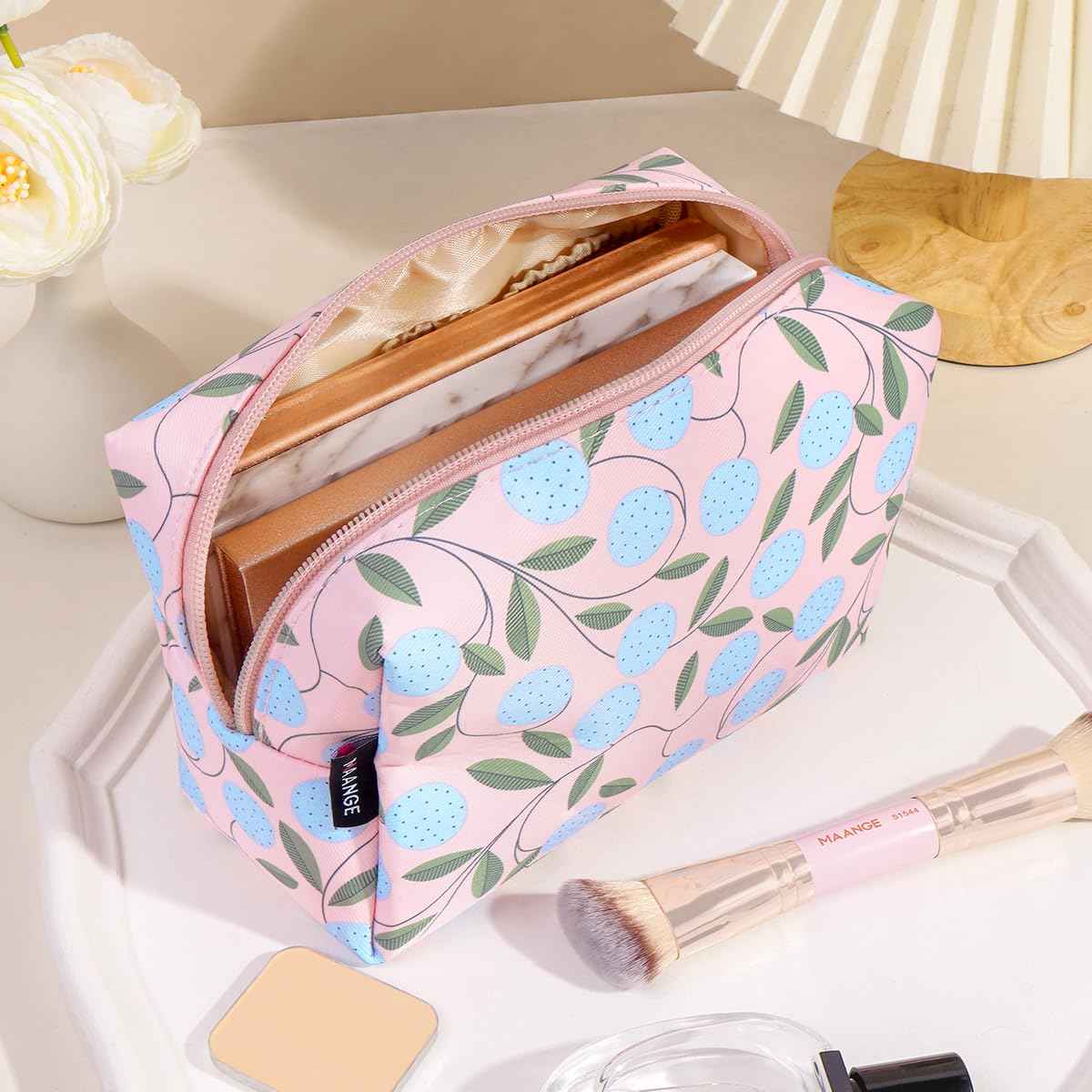 MAANGE Small Makeup Bag For Purse, Travel Cosmetic Bag Cute Makeup Pouch Portable Versatile Zipper Pouch For Women Oxford Fabric Preppy Makeup Bag