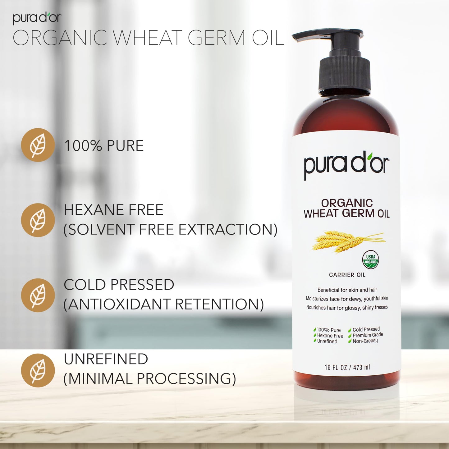 PURA D'OR 16 Oz ORGANIC Wheat Germ Oil - 100% Pure & Natural USDA Certified Cold Pressed Carrier Oil - Vitamin E Rich, Moisturizing & Nourishing Anti-Aging Properties - Healthy Hair Growth & Skincare