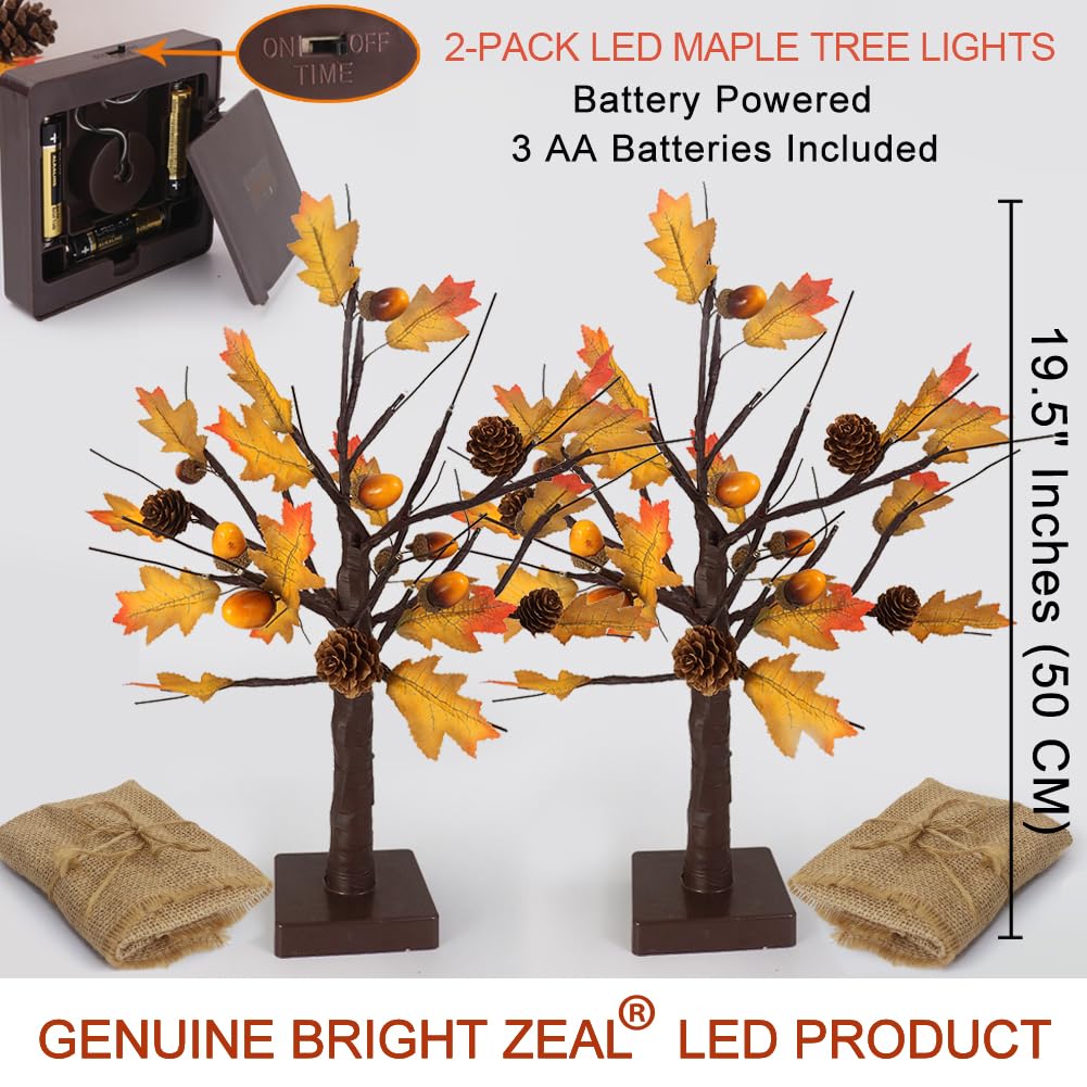 Bright Zeal 2-Pack 19.5" Tall Lighted Maple Tree LED Maple Tree Lights Indoor Battery Operated - Acorns and Pine Cones Decorations Thanksgiving Decorations for Home - Light Up Maple Tree Tabletop