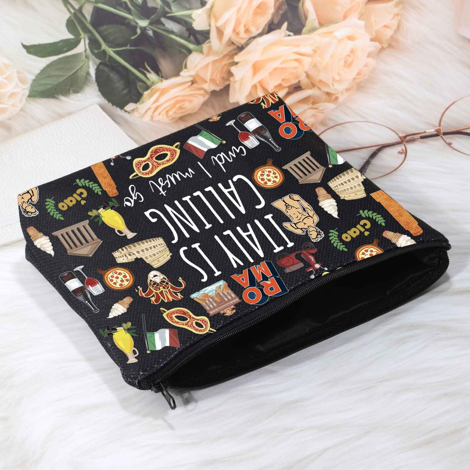 POFULL Italy Map iconic traditional Souvenir Gift ITALY Is Calling and I Must Go Traveller Zipper Pouch Makeup Bag (ITALY Is Calling Cosmetic Bag)