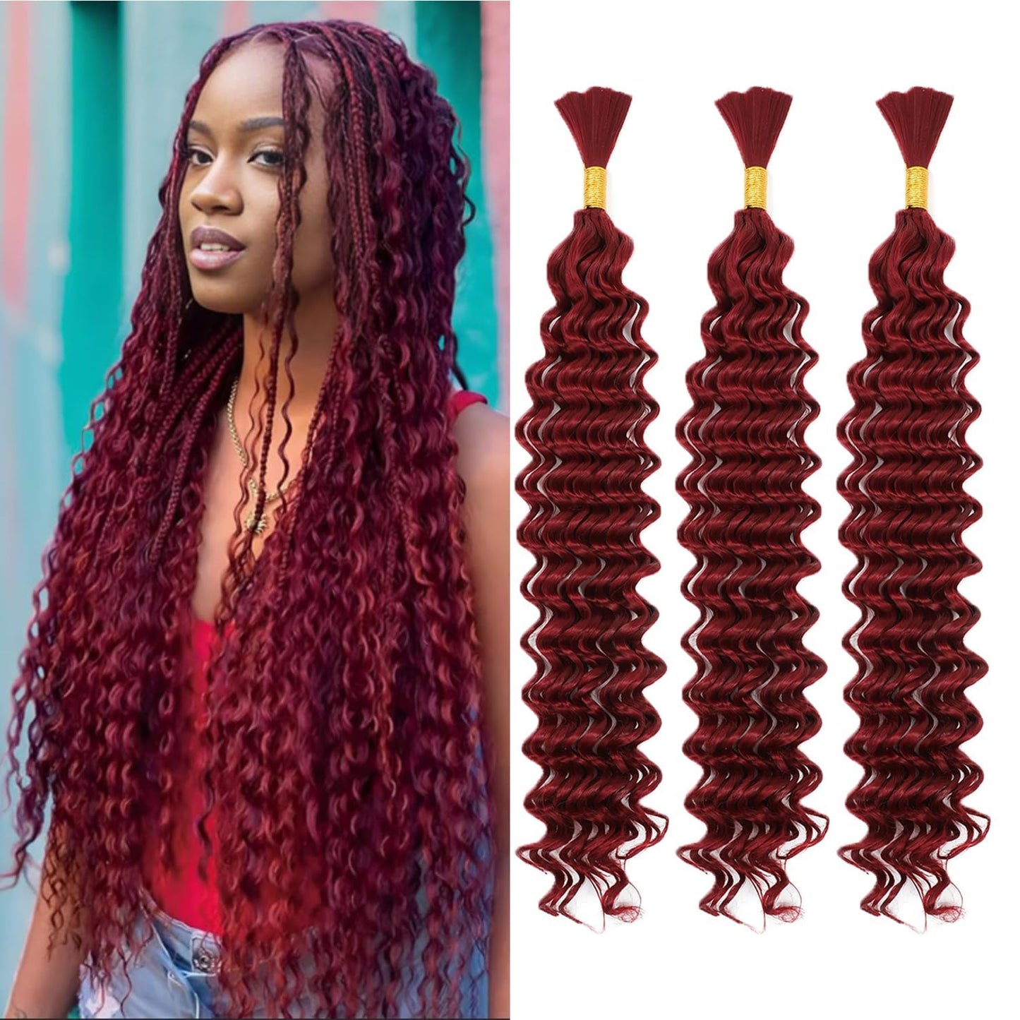 Braiding Hair Boho Hair for Braiding Deep Wave Braiding Hair for Woman Boho Braids Wet and Wave, Bulk Braiding Hair For Micro Braids Curly Deep Bulk 18 Inch 99J