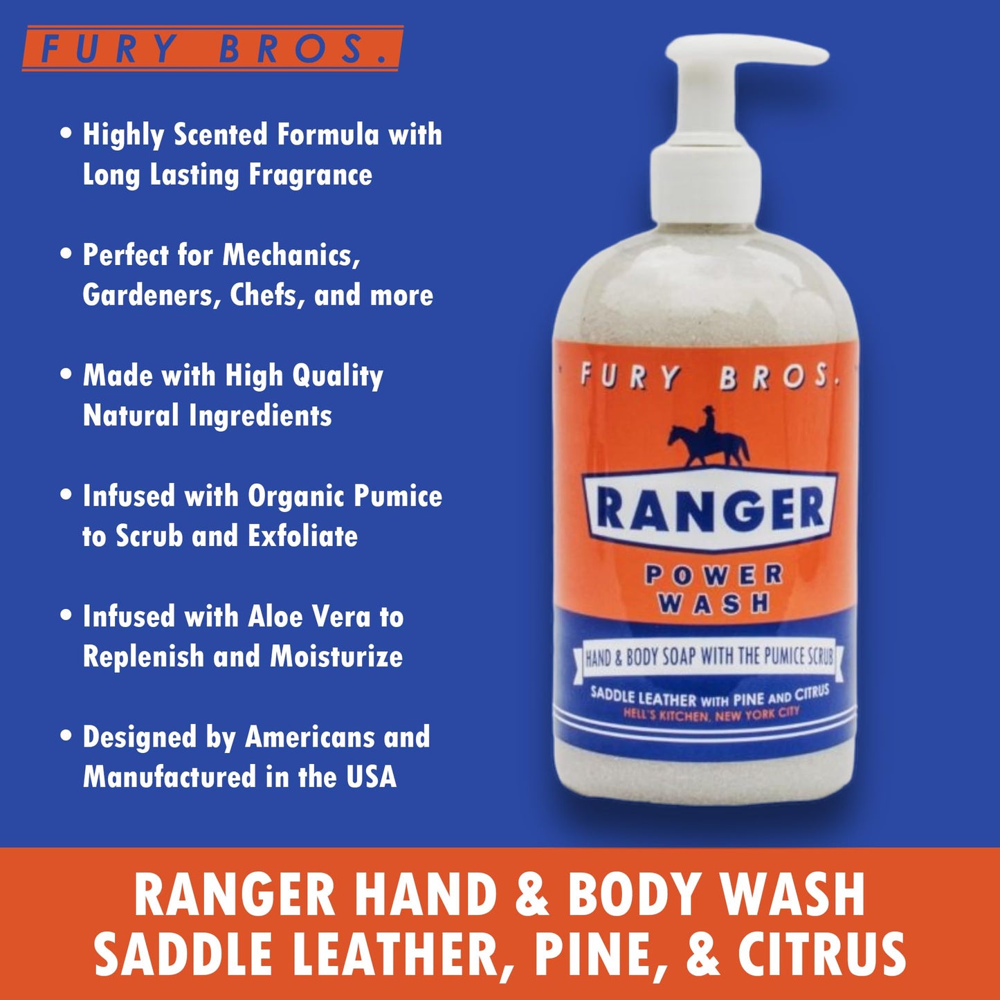 FURY BROS. Premium Power Wash | Ranger | Saddle Leather Pine Citrus | Hand & Body Wash | Exfoliating Pumice | Moisturizing Aloe Vera | Highly Scented | Made in USA | 16 oz | Dad Men Bath