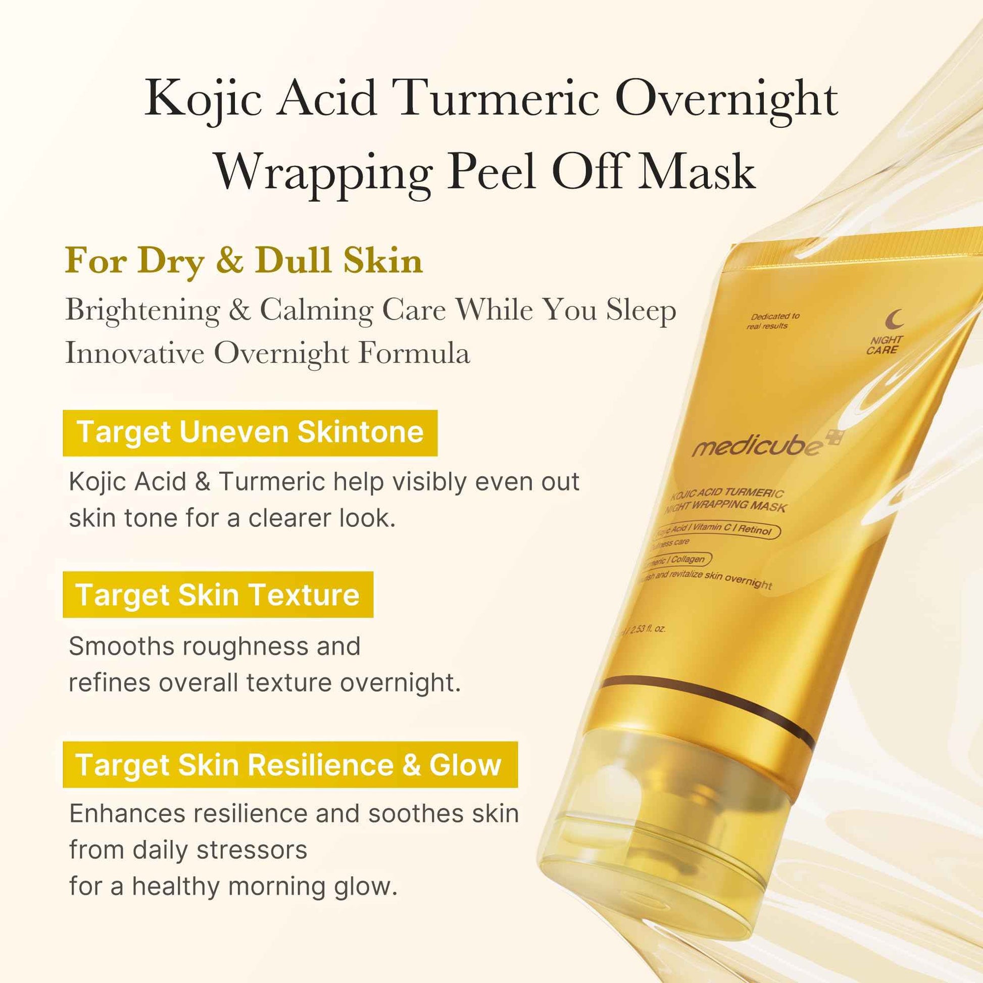 medicube Kojic Acid Overnight Care & Nourish Duo for Troubled Skin: Kojic Acid Turmeric Overnight Wrapping Peel Off Mask and Kojic Acid Turmeric Clarifying & Balancing Capsule Serum