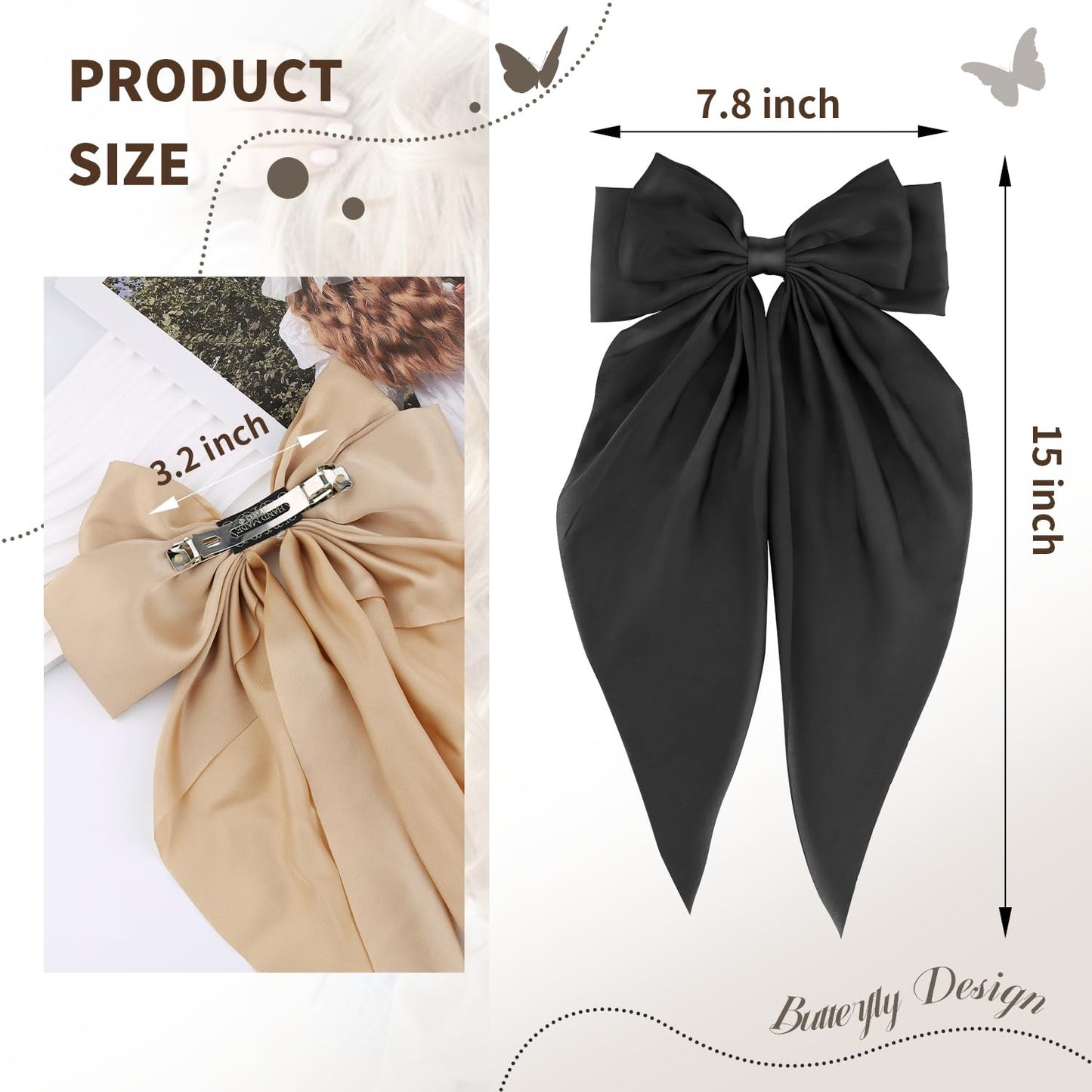 4 Pcs Silky Satin Big Hair Bows Ribbon Hair Barrettes Clip Large Bow Hair Slides Metal Clips French Barrette Long Tail Hair Accessories Soft Hairpin for Women (Black,White,Khaki,Brown)