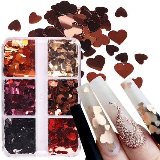 6 Grids 3D Heart Nail Glitter Sequins Valentine's Nail Art Stickers Love Nail Decals Holographic Laser Heart Nail Designs Red Black Rose Gold Heart Glitter for Acrylic Nails Decorations