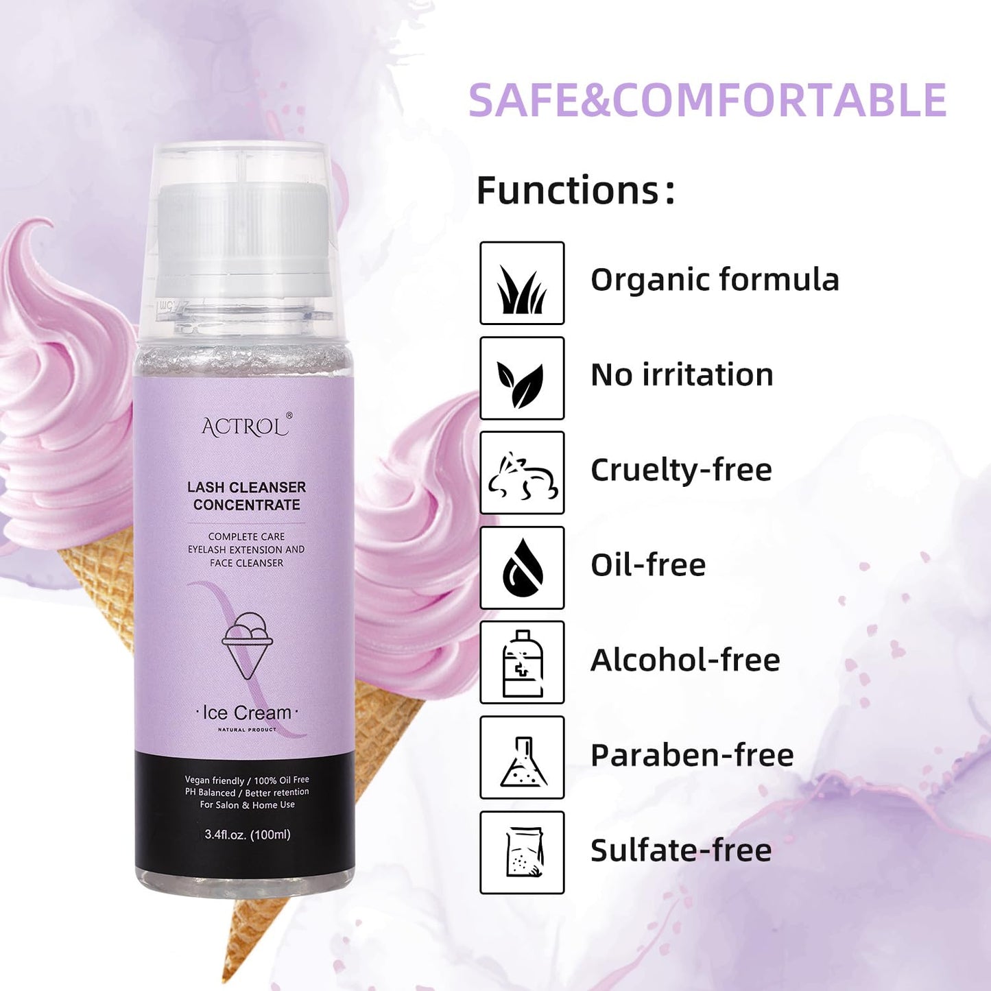 ACTROL Eyelash Shampoo Concentrate 100ml Lash Extensions Cleanser Concentrate Ice-cream Foaming Shampoo Paraben & Sulfate Free Wash for Extensions Lashes with Salon Home Care-Makes 60ml Bottles