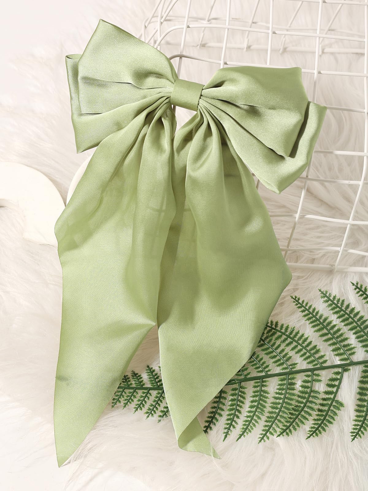 Furling Pompoms Hair Bows for Women - Pack of 2 Light Green Hair Bow Clips for Girls Satin Big Bows Long Tail Alligator Clip Ribbon Hair Barrette Hair Accessories for Bridal Bachelorette Party