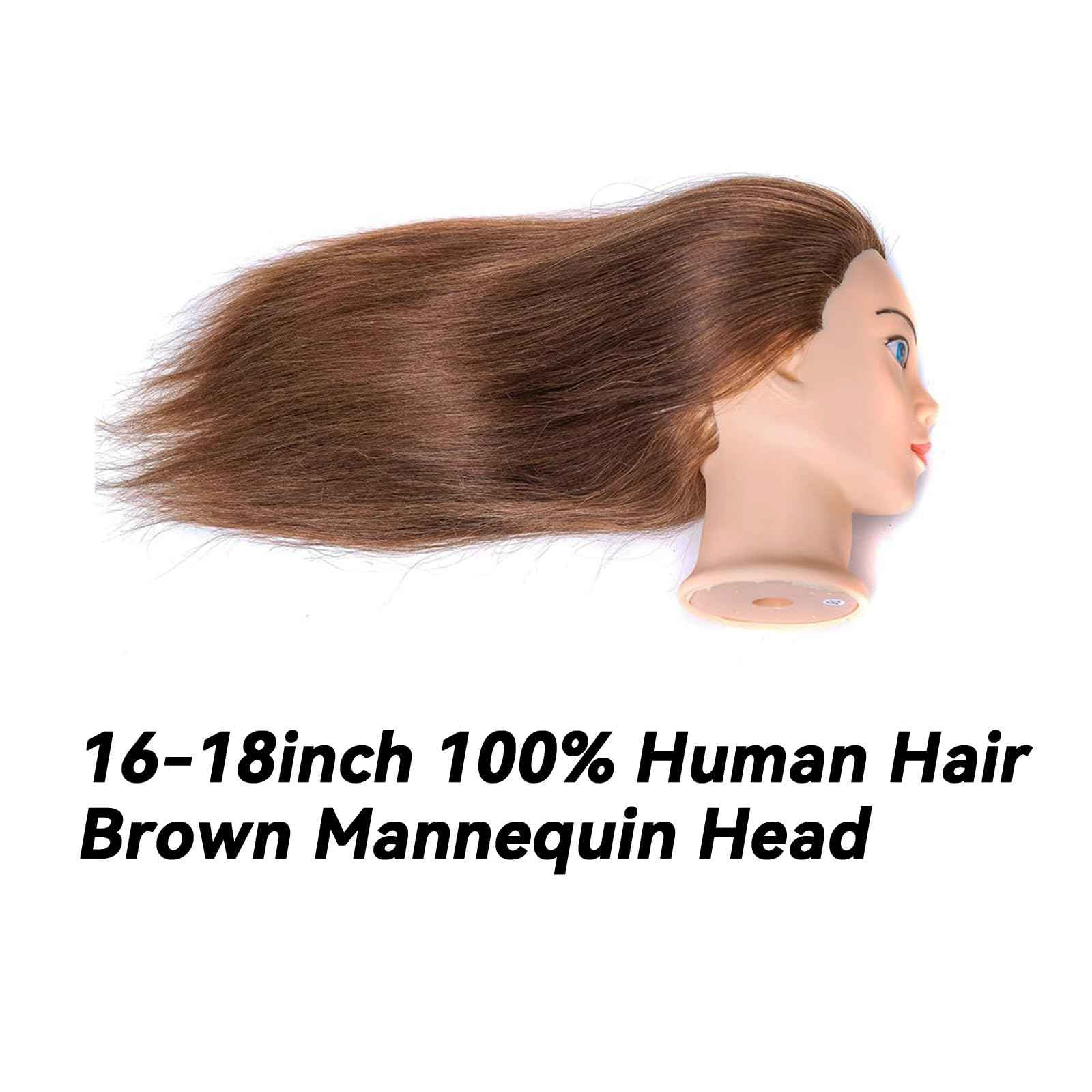 Mannequin Head with 100% Human Hair for Hairstyling Practice, Realistic Makeup Head with Clamp for Beauty Salon Cosmetology Students, Display Styling Head (Brown)