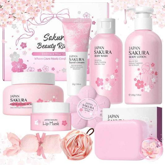 9Pcs Bath and Body Gift Set for Women & Girls, Cherry Blossom Bath and Body Gift Set with Body Wash, Lotion, Soap, Bath Bomb, Scrub, Hand Cream & Lip Mask, Home Spa Gift Set for Women Christmas Gifts
