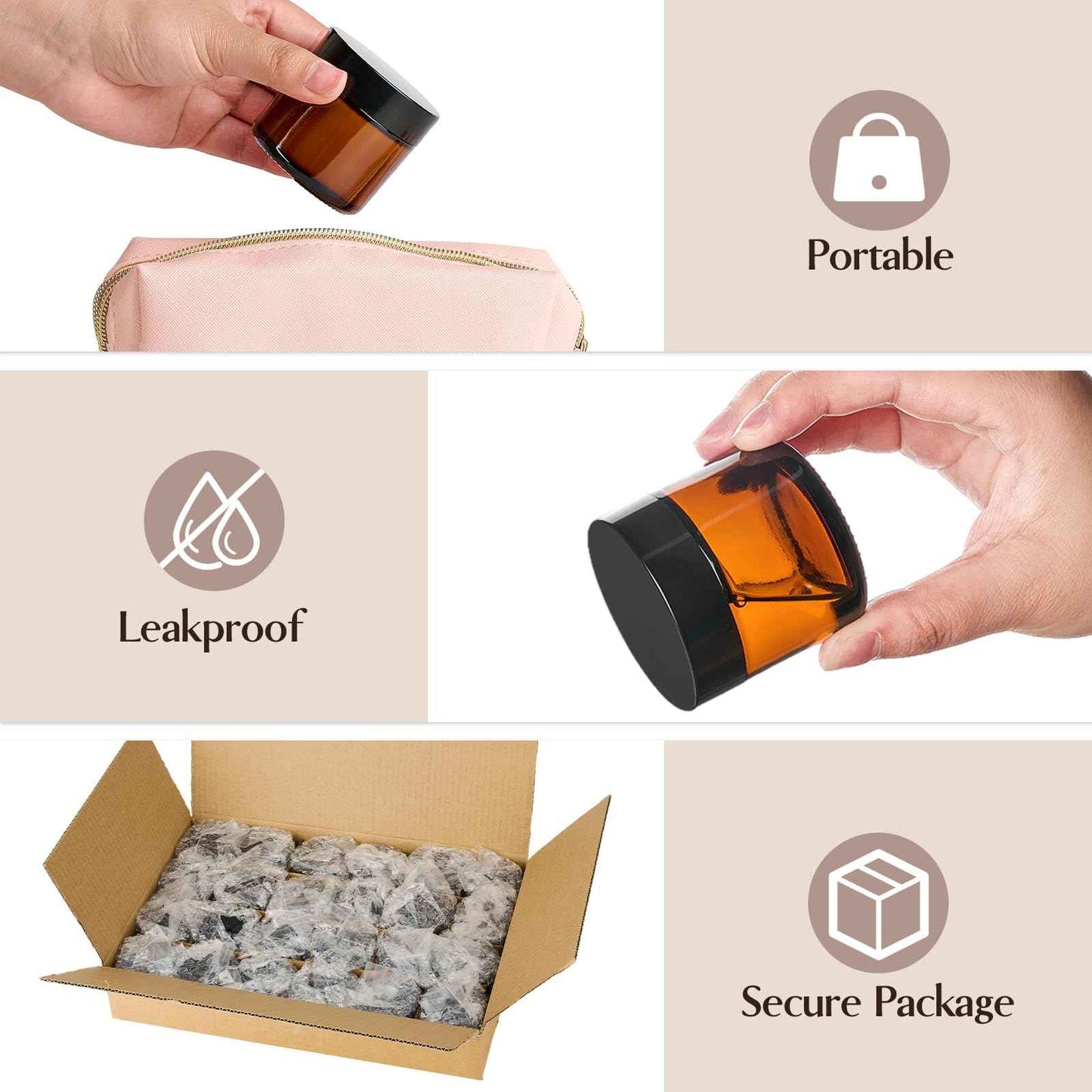 Qeirudu 2 Oz Small Amber Glass Jars with Black Lids, 24 Pack Airtight Cosmetic Jars with Inner Liners Round Empty Sample Containers for Lotions, Creams, Candles, Body Butters, Essential oil