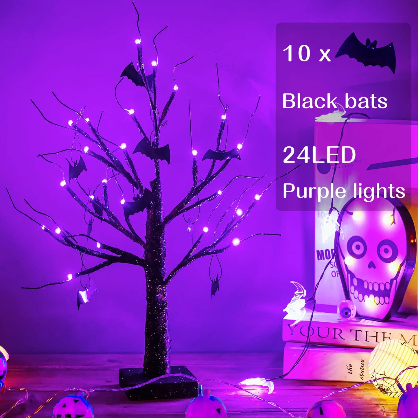 ZHOUDUIDUI 2Pack Halloween Tree, Black Spooky Tree with 24LED Purple Lights and 10 Bat Ornaments Battery Powered 18IN Lighted Halloween Bonsai Tree for Indoor Tabletop Halloween Party Decoration