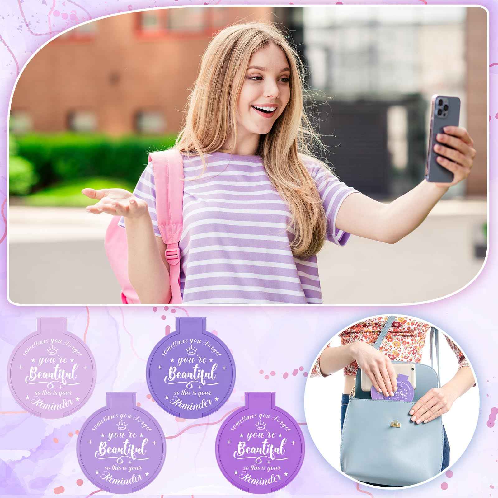 Gulfmew 100 Pcs 2.76 Inch Inspirational Compact Mirror Bulk Party Favors Quinceanera Gift Purse Small Mirror Pocket Mini Gifts for Women Adult Coworker Halloween Christmas Friends (Purple Series)