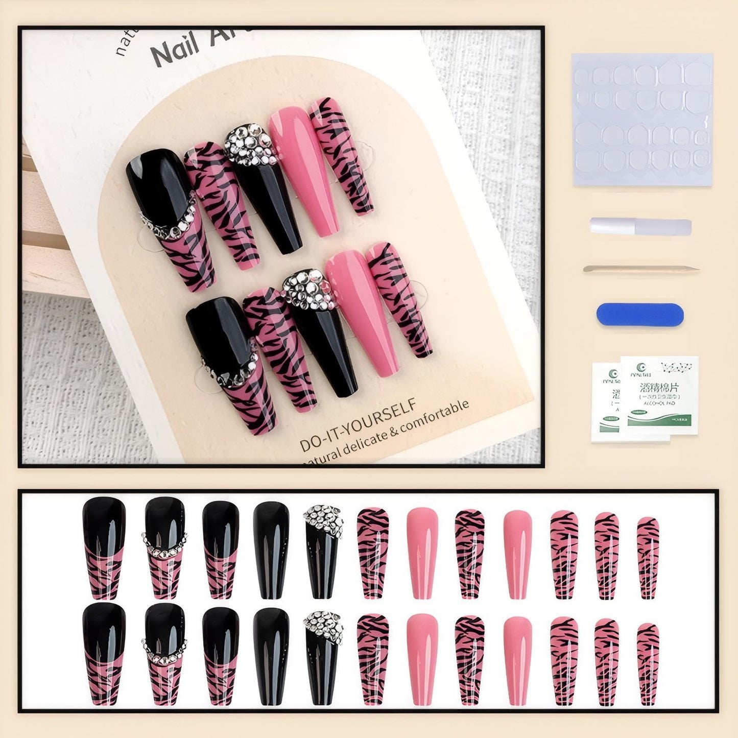 Rchovsam Pink Extra Long Coffin Press on Nails French Zebra Print Fake Nails Pink Black with Diamond Design False Nails Acrylic Arificial Stick on Nails Full Cover Gel Nails Gift for Womens 24pcs