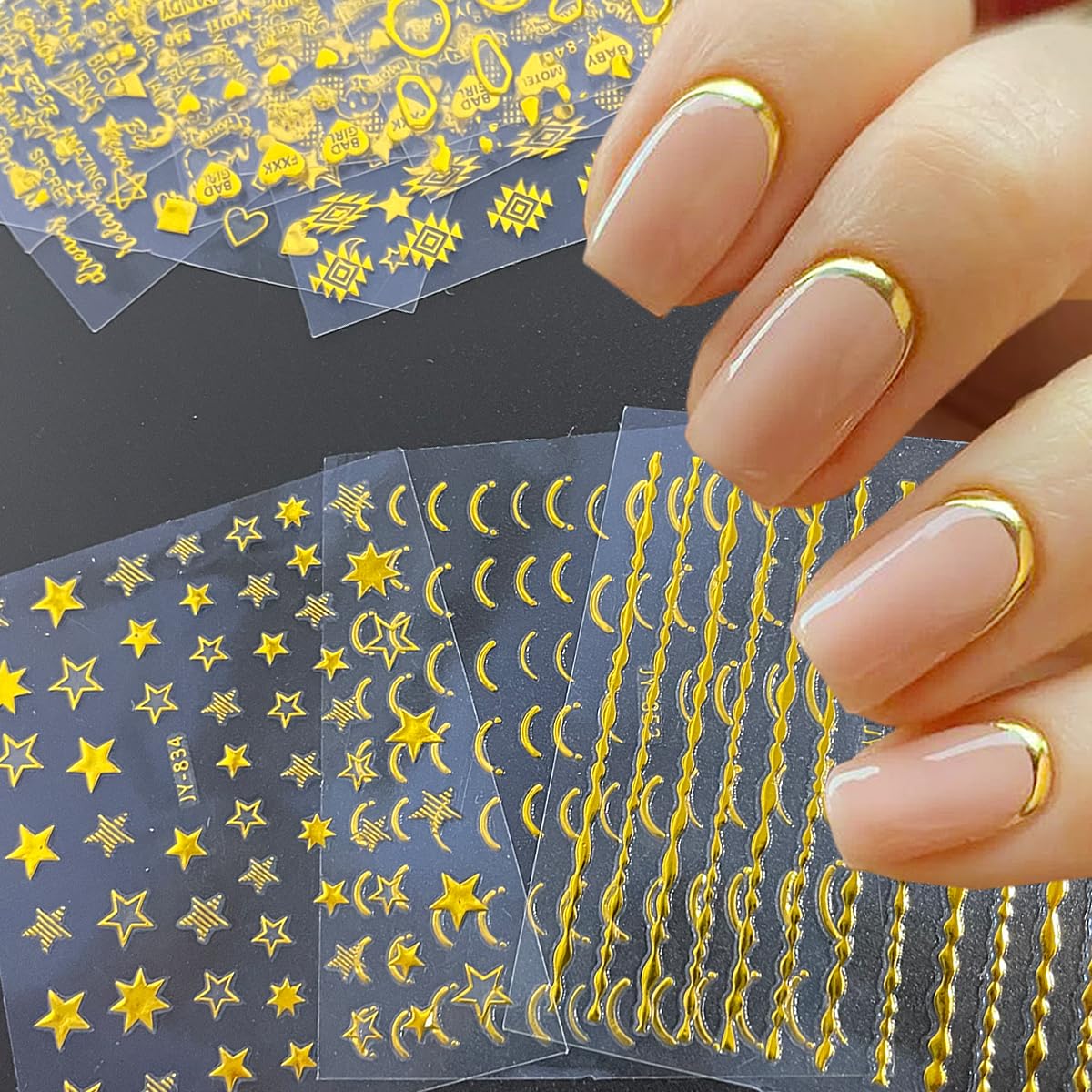 30 Sheets Gold Nail Stickers for Nail Art French Tip Line Nail Art Stickers 3D Self-Adhesive Pegatinas Uñas Gold Geometric Line Star Letter Nail Decal for Women Manicure Tips DIY Acrylic Nail Supplies