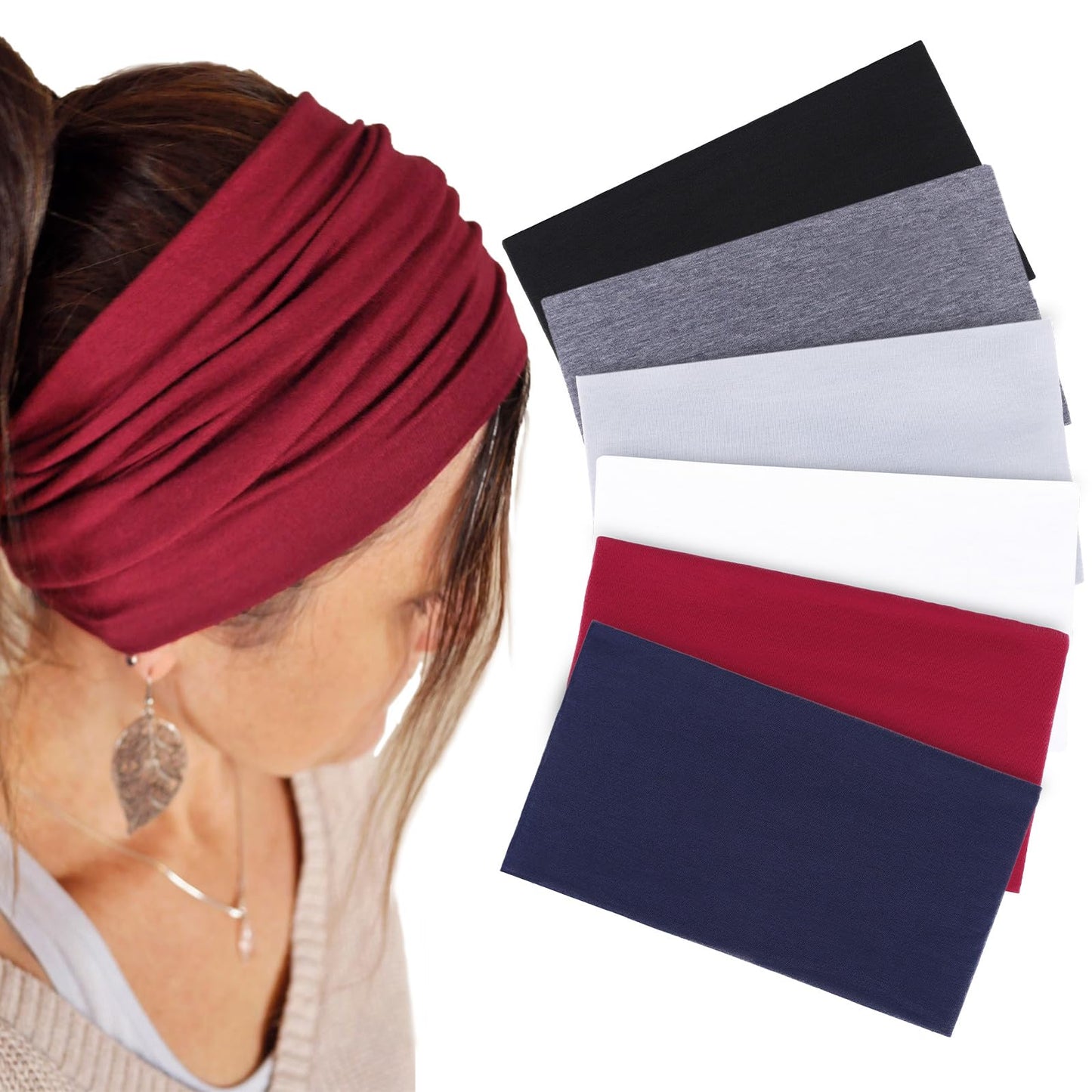 XTREND 6 Packs Wide Headbands for Women Stretch Hair Band Fashion Headband Non-slip Turban Workout Outdoor Yoga Sports Hair Accessories (Black, Dark Gray,Navy Blue, Red, White, Light Gray)