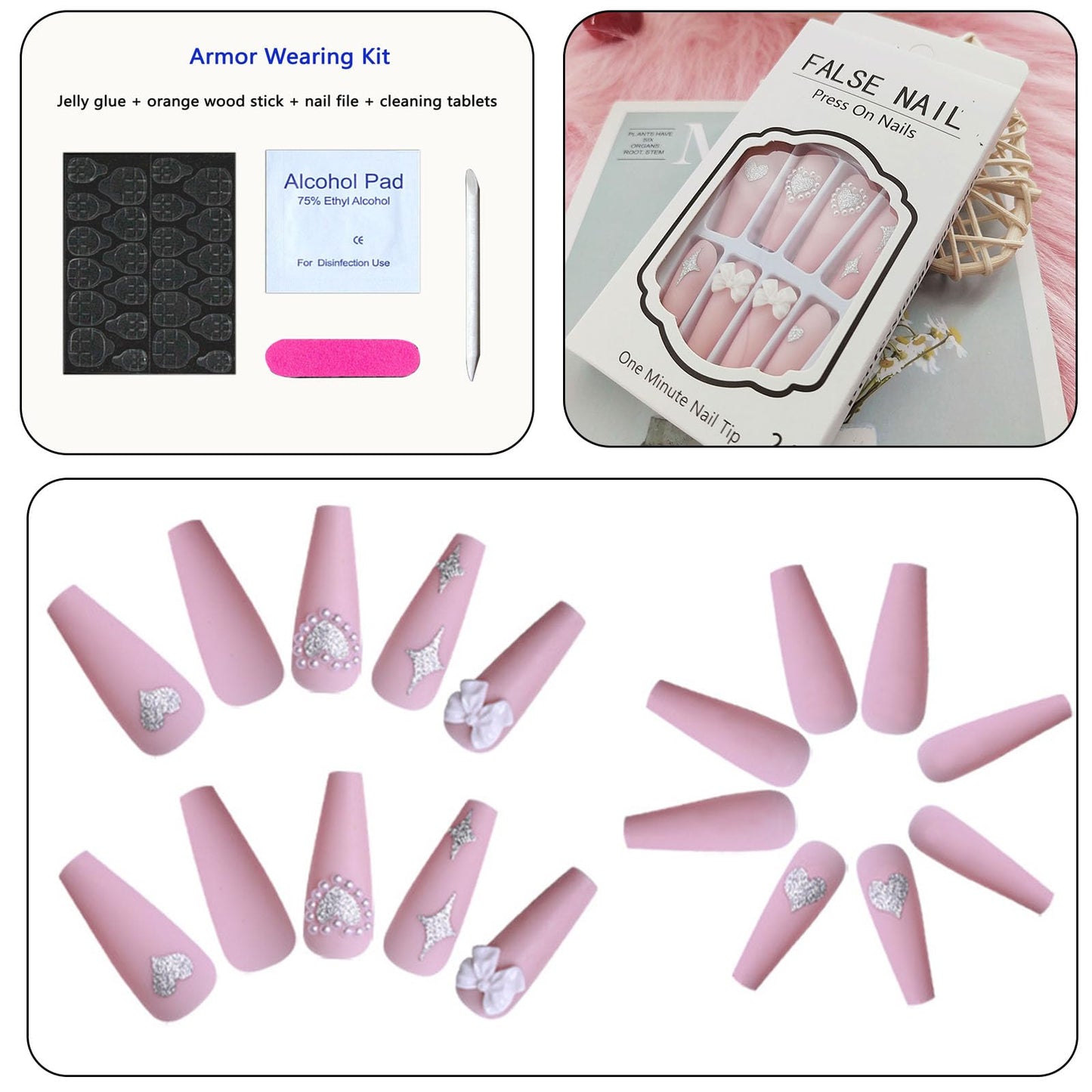 Pink Long Press on Nails Coffin Love Bow-knot Star Acrylic Nails Press ons with Pearl Design Full Cover False Nails with Glue for Women and Girls 24Pcs