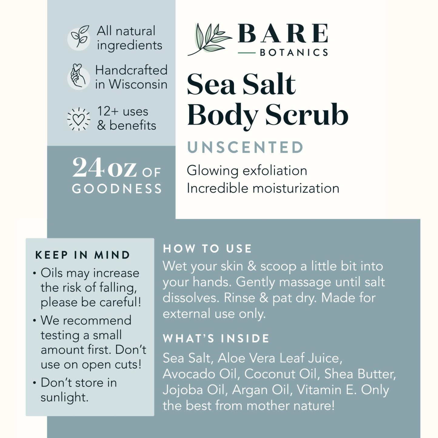 Bare Botanics Unscented Body Scrub 24oz | Made in Madison, WI | All Natural Body Scrub w/Skin Loving Moisturizers | Vegan & Cruelty Free Sea Salt Exfoliator w/a Cute Wooden Spoon