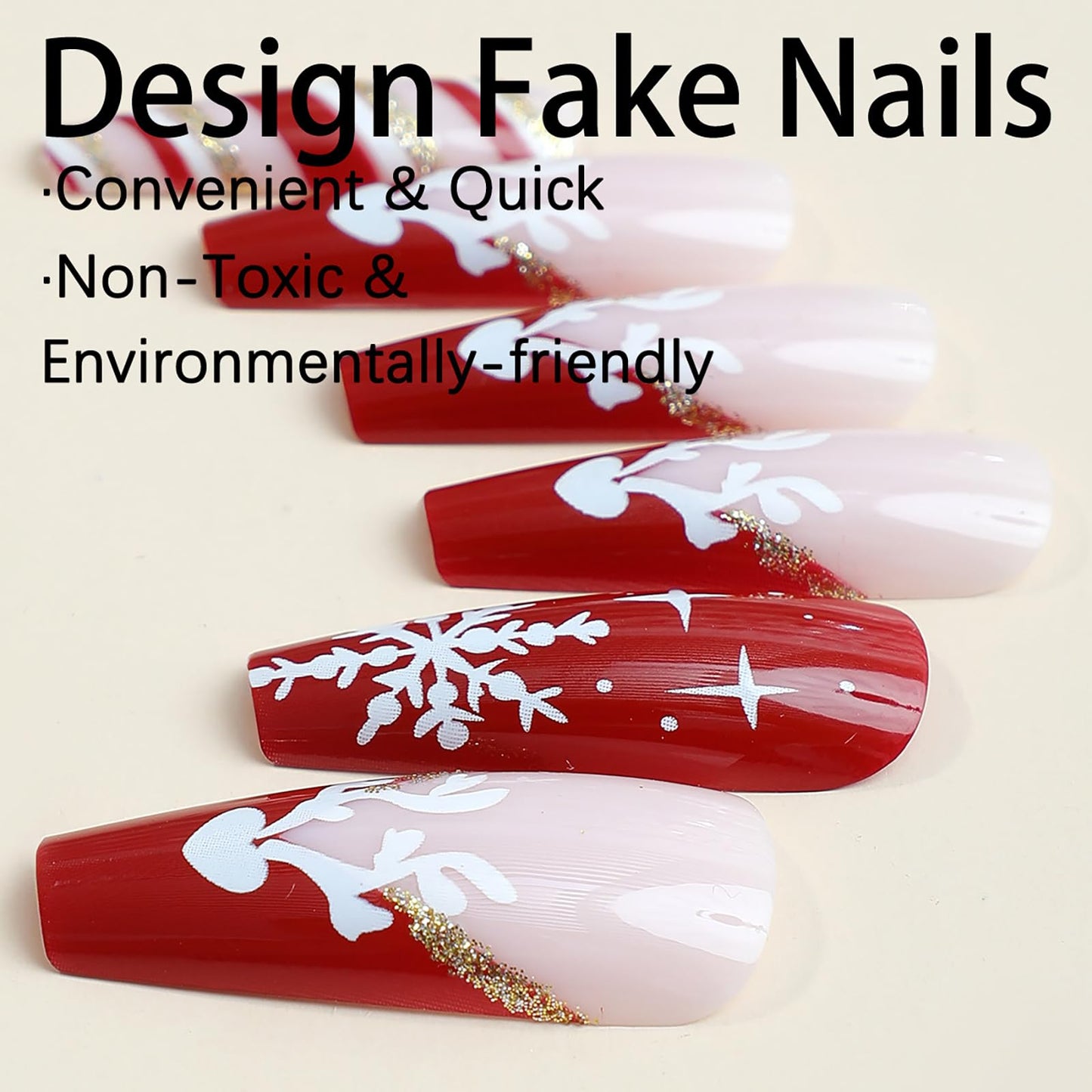 24Pcs Red Christmas Press on Nails Long Coffin Fake Nails French Tip Press on Nails with Elk and Snowflake Design Gold Glitter Acrylic Nails Glossy Glue on Nails Stick on Nails for Women and Girls