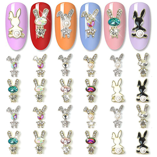 JERCLITY 24 Pieces 3D Gold Silver Easter Bunny Nail Charms for Nails Rabbit Nail Charms Inlay Colorful Rhinestones or Pearls Easter Nail Charms with Bunny Shape for Women Nail Art(12 Styles)