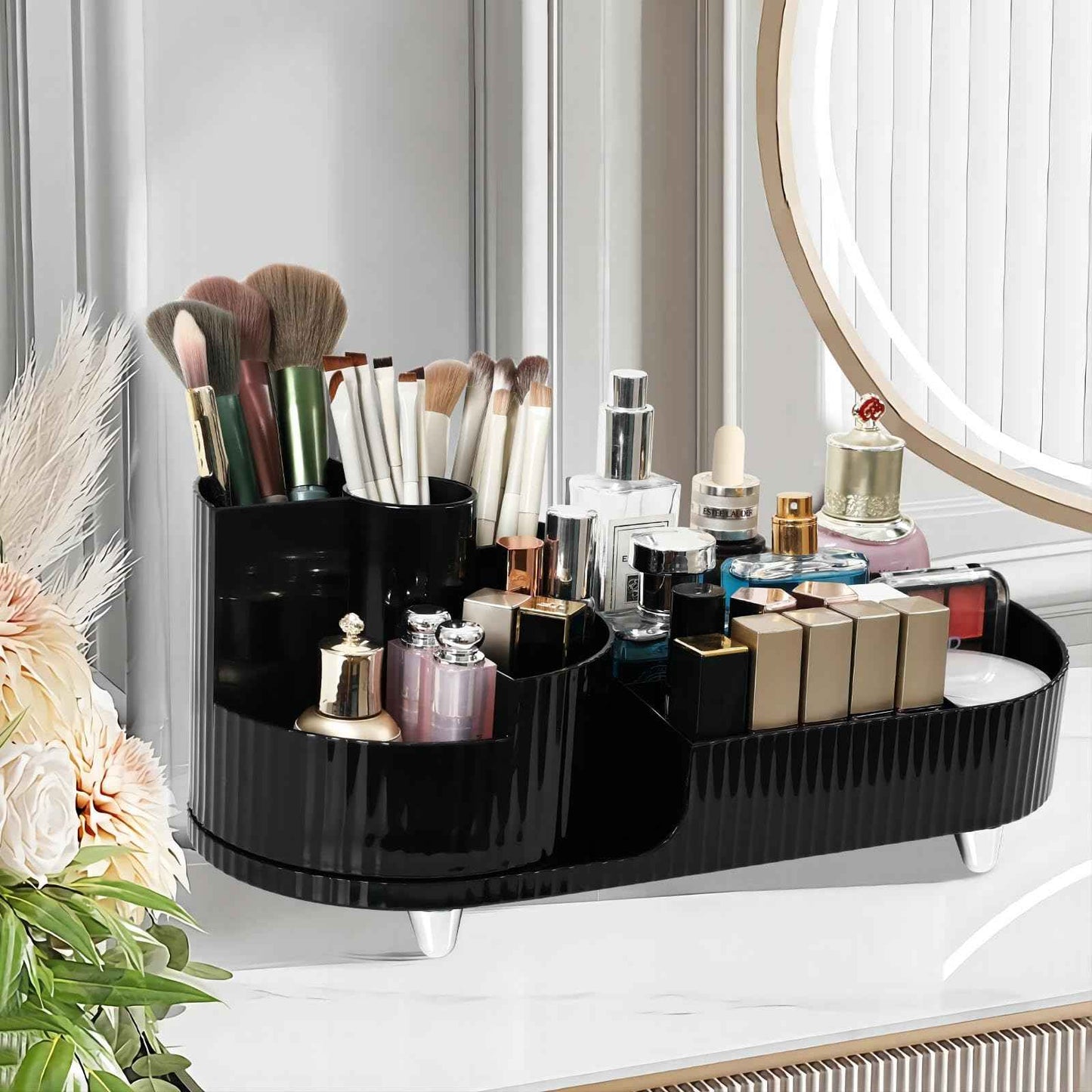 Wlicon Rotating Makeup Organizer Cosmetic Organizer, Cosmetic Display Case Round Vanity Makeup Organizer Cosmetic Storage Display box for Skincare, Brushes, Eyeshadow, Lipstick (Black)