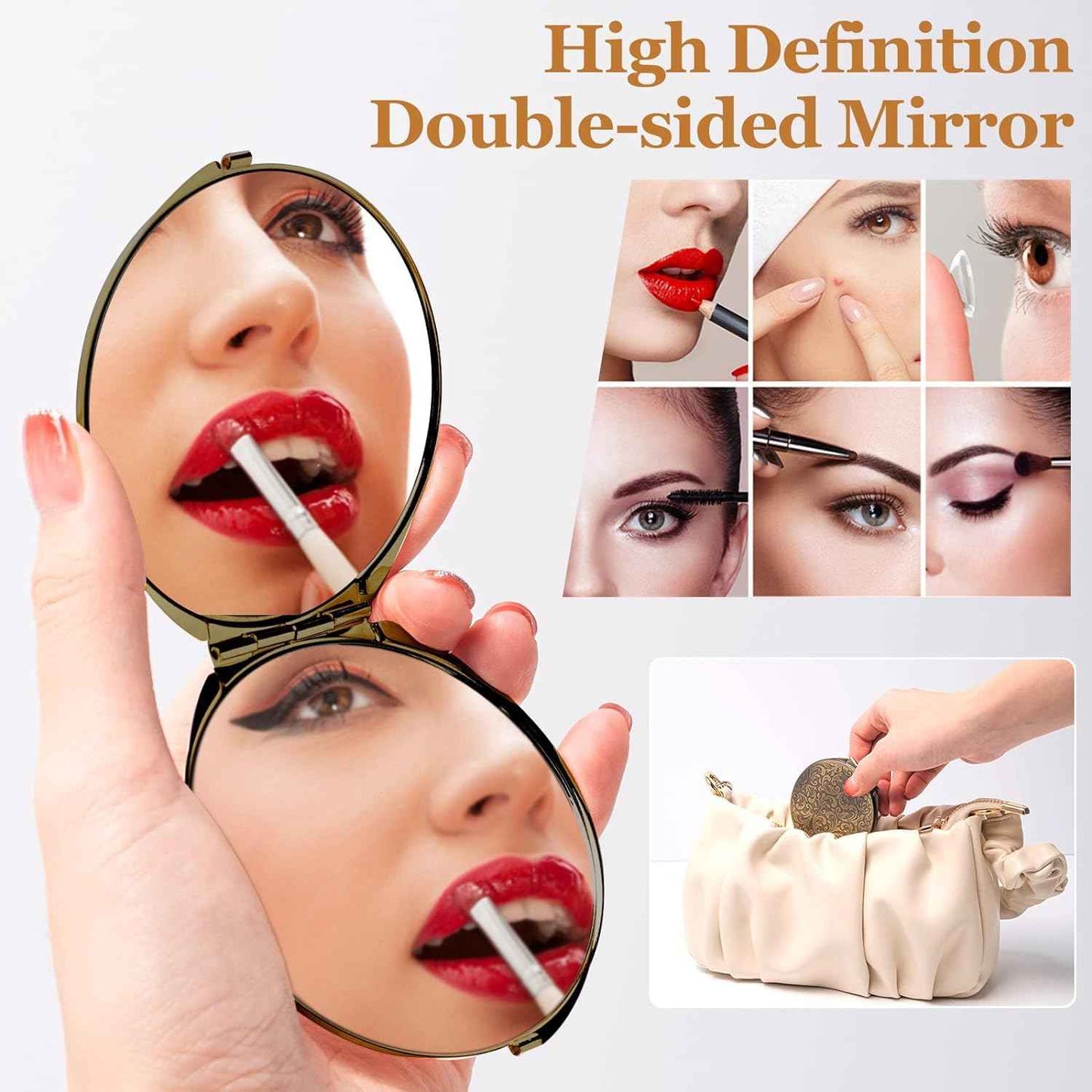 Retro metal compact travel mirror 1x/2x magnification compact portable foldable, used as a compact magnifying glass for wallets and pockets, distortion free folding portable compact mirror (bronze)