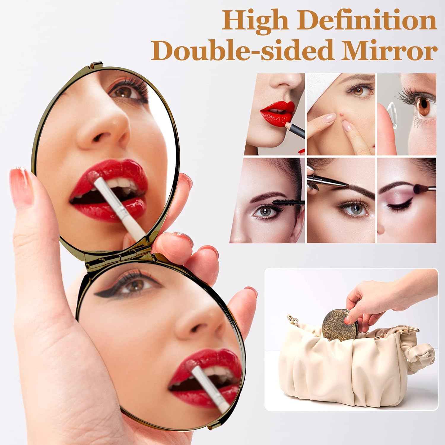 Retro metal compact travel mirror 1x/2x magnification compact portable foldable, used as a compact magnifying glass for wallets and pockets, distortion free folding portable compact mirror (bronze)